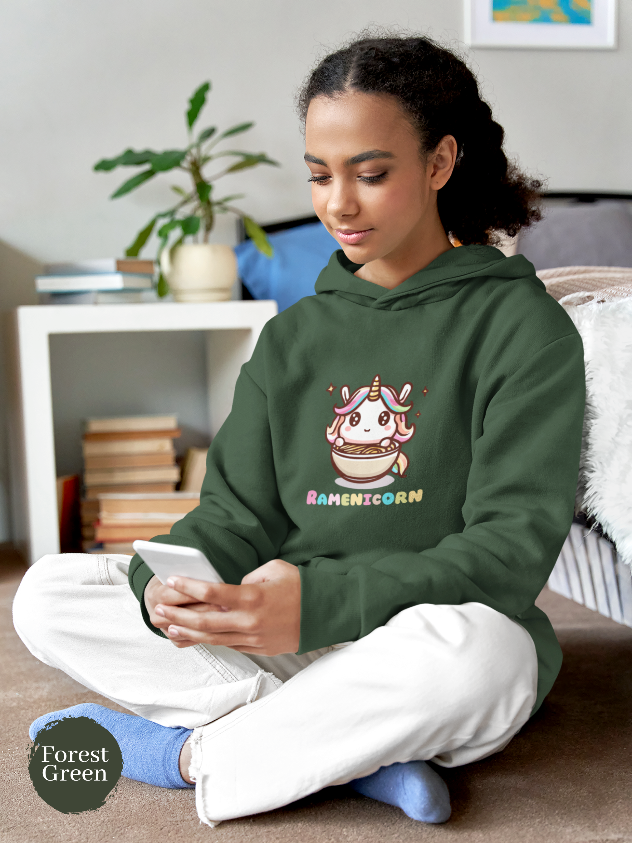 Ramen Hoodie with Unicorn Illustration: Asian Food Hoodie with Ramen Art and "Ramenicorn" Pun