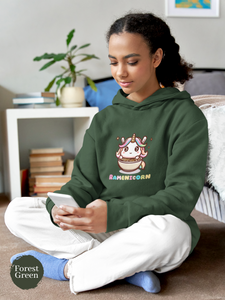Ramen Hoodie with Unicorn Illustration: Asian Food Hoodie with Ramen Art and "Ramenicorn" Pun