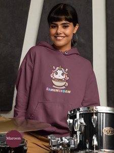 Ramen Hoodie with Unicorn Illustration: Asian Food Hoodie with Ramen Art and "Ramenicorn" Pun