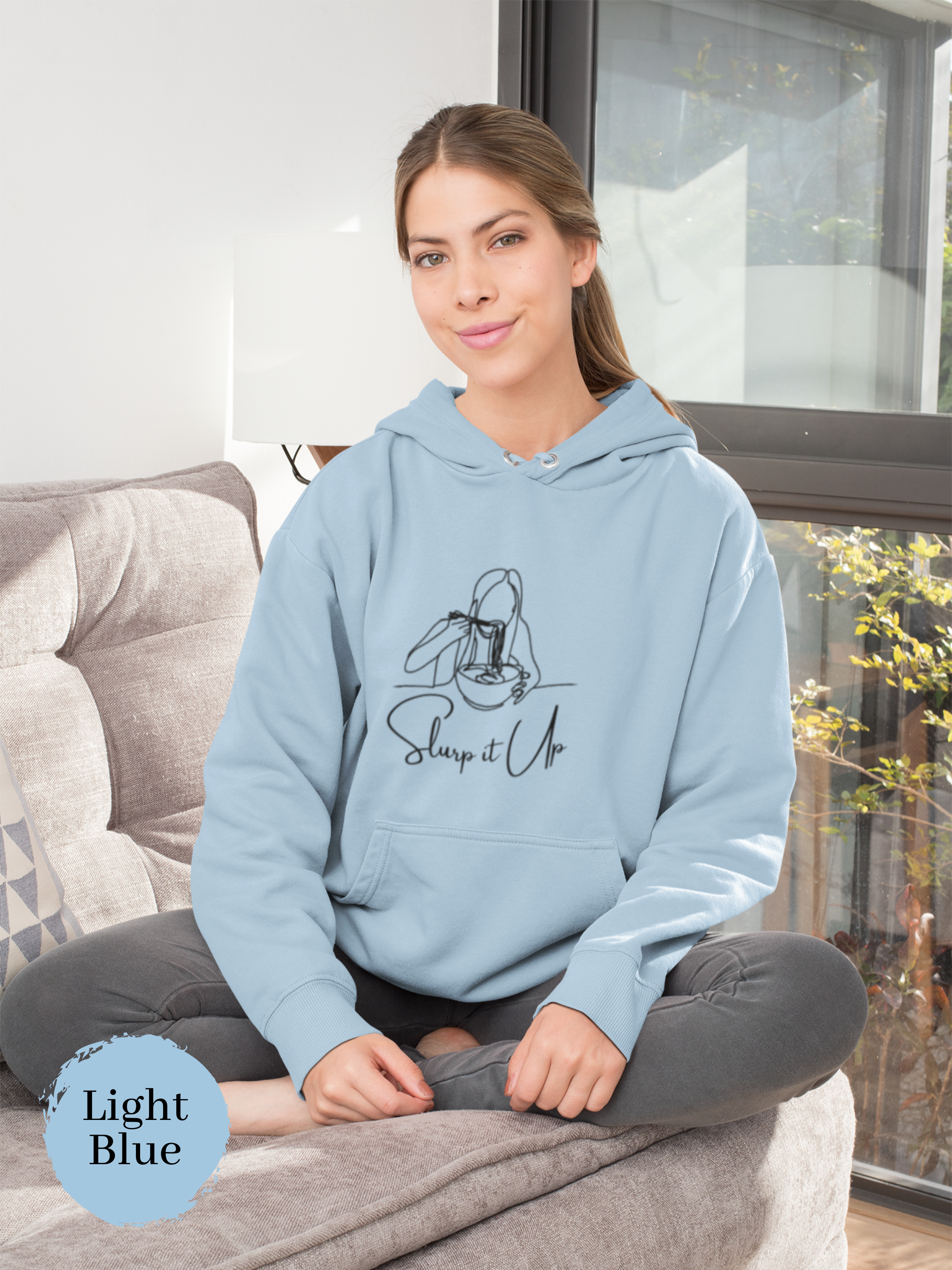 Ramen Hoodie: Slurp It Up - One Line Drawing of Woman Eating Bowl | Foodie and Pun Hoodie | Asian Food Hoodie | Ramen Art Sweatshirt