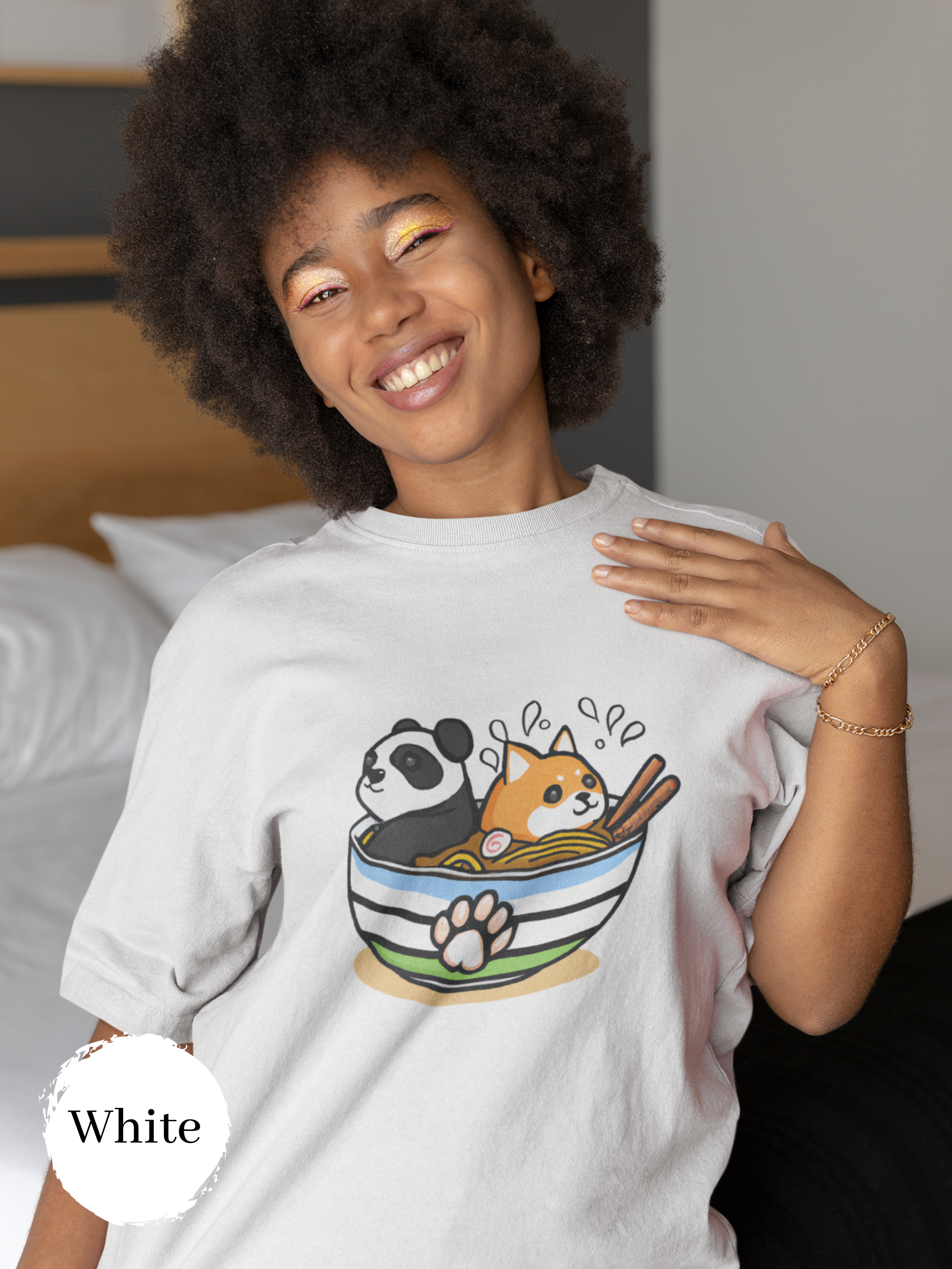 Ramen T-Shirt with Panda and Shiba Inu in a Bowl: Japanese Foodie Shirt with Ramen Art