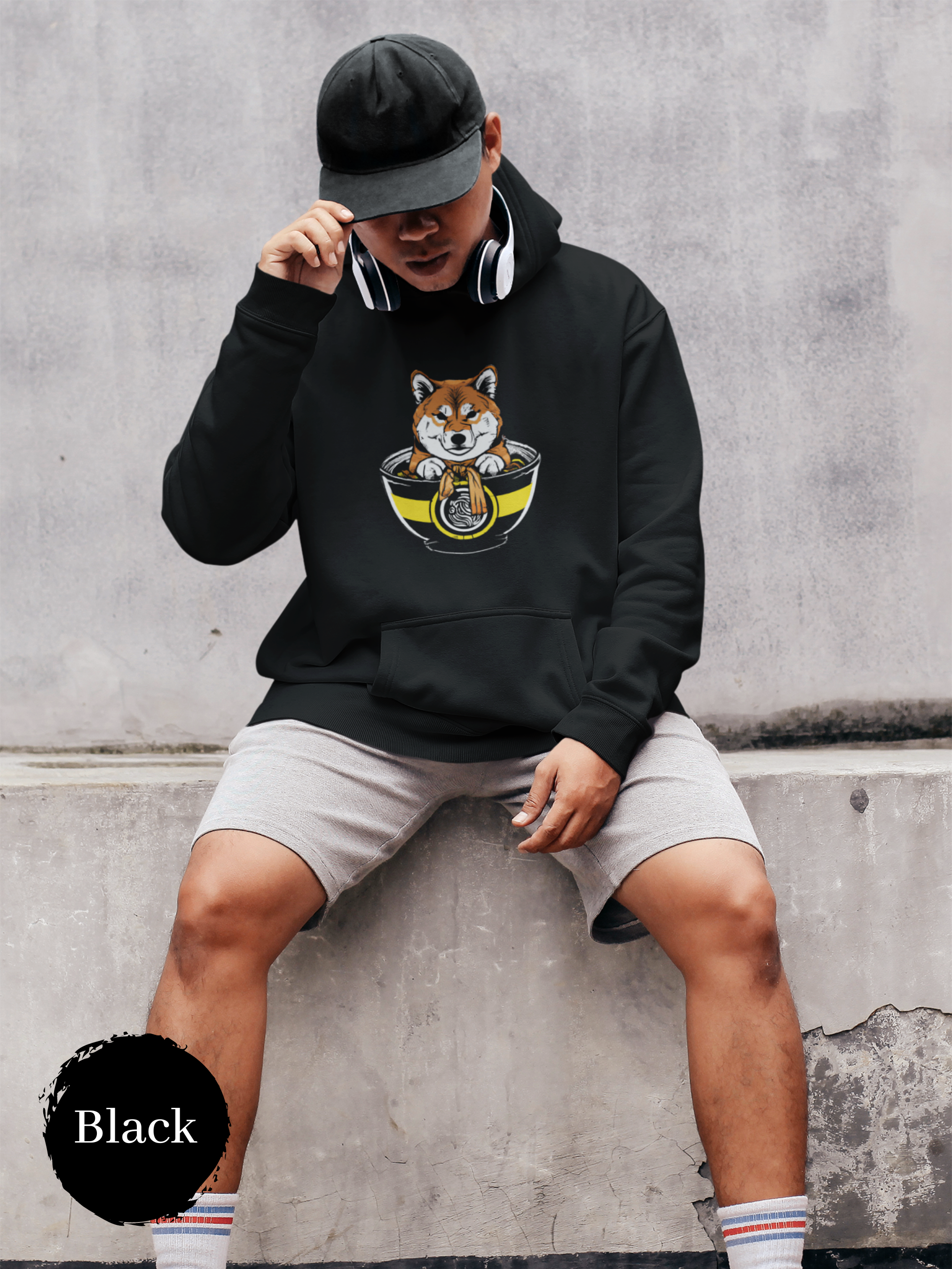 Ramen Hoodie: Grumpy Shiba Inu Guards His Noodles Asian Food Hoodie with Ramen Art and Pun Design