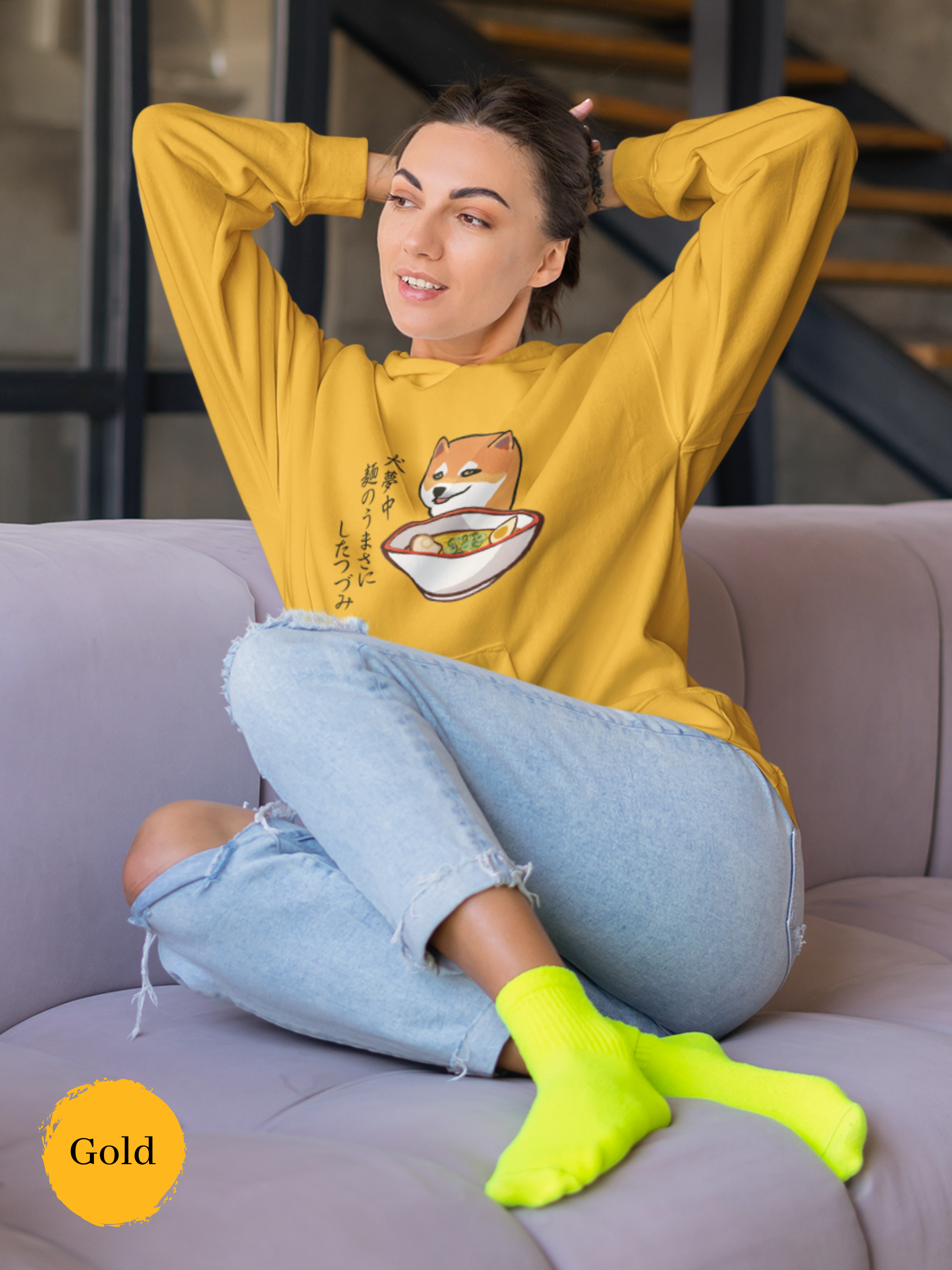 Ramen Hoodie: Japanese Haiku Foodie Sweatshirt with Cute Shiba Inu Illustration Eating Ramen Bowl - Asian Food Hoodie with Ramen Art