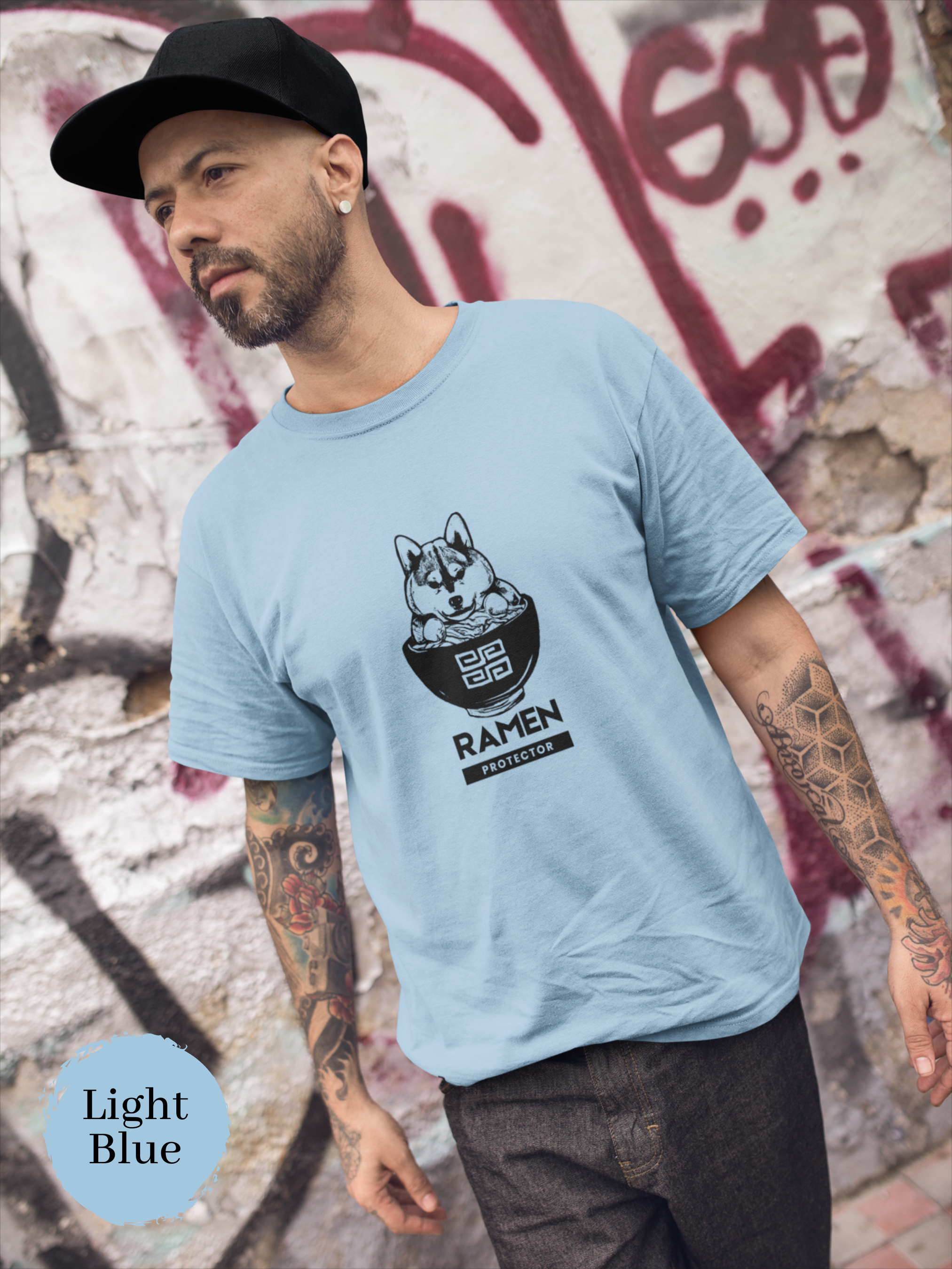 Ramen Protector T-Shirt: Japanese Foodie Shirt with Shiba Inu Guarding Ramen Bowl - Ramen Art