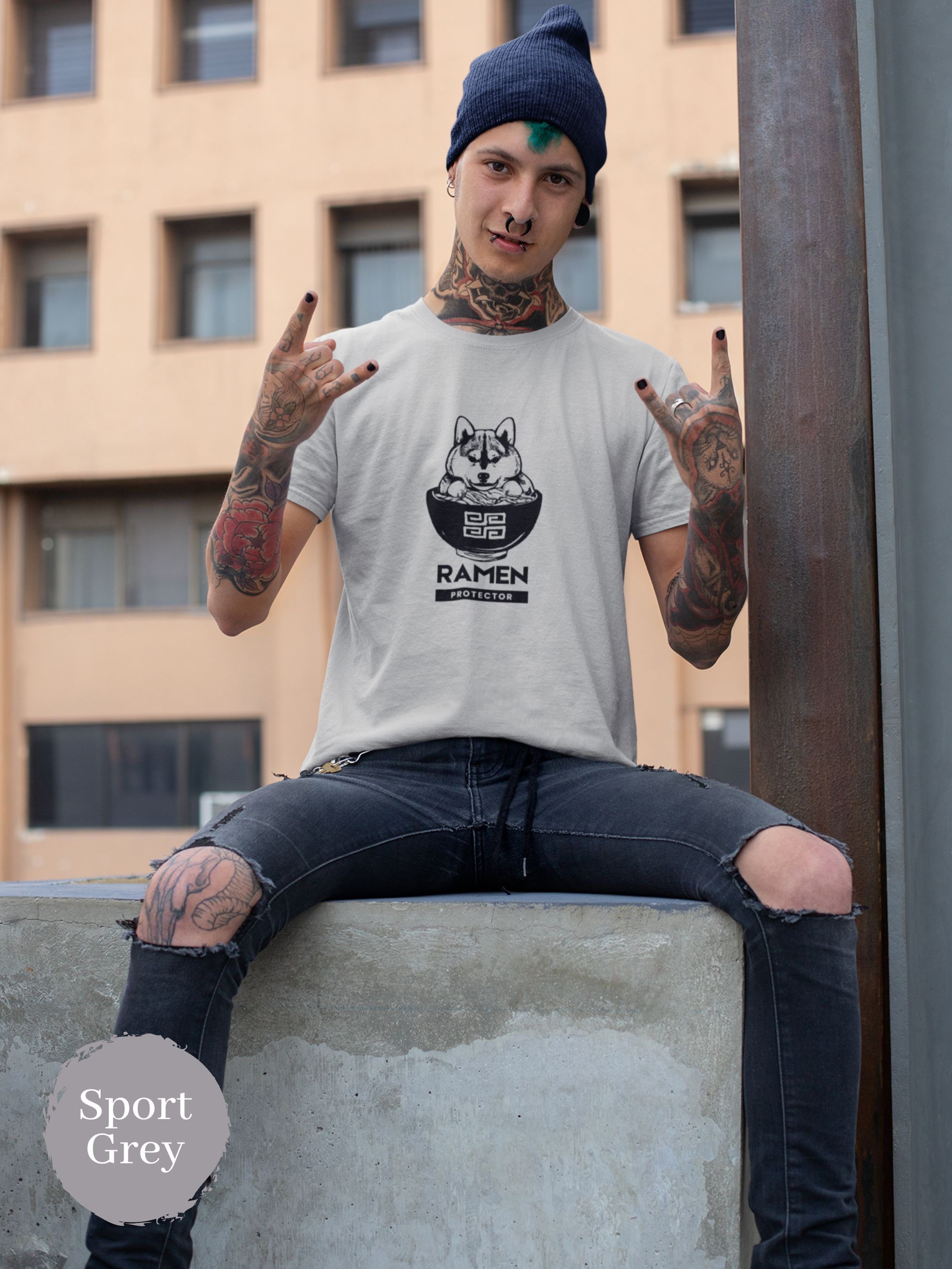 Ramen Protector T-Shirt: Japanese Foodie Shirt with Shiba Inu Guarding Ramen Bowl - Ramen Art