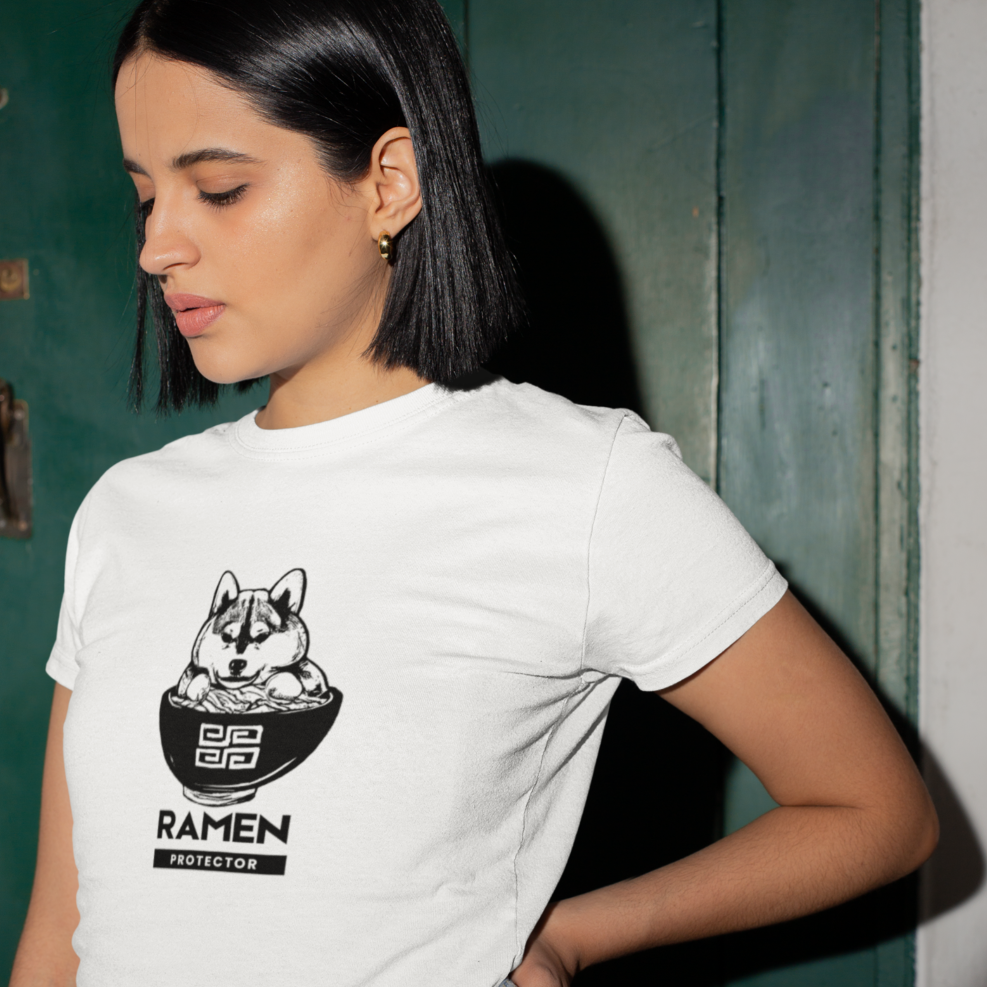 Ramen Protector T-Shirt: Japanese Foodie Shirt with Shiba Inu Guarding Ramen Bowl - Ramen Art