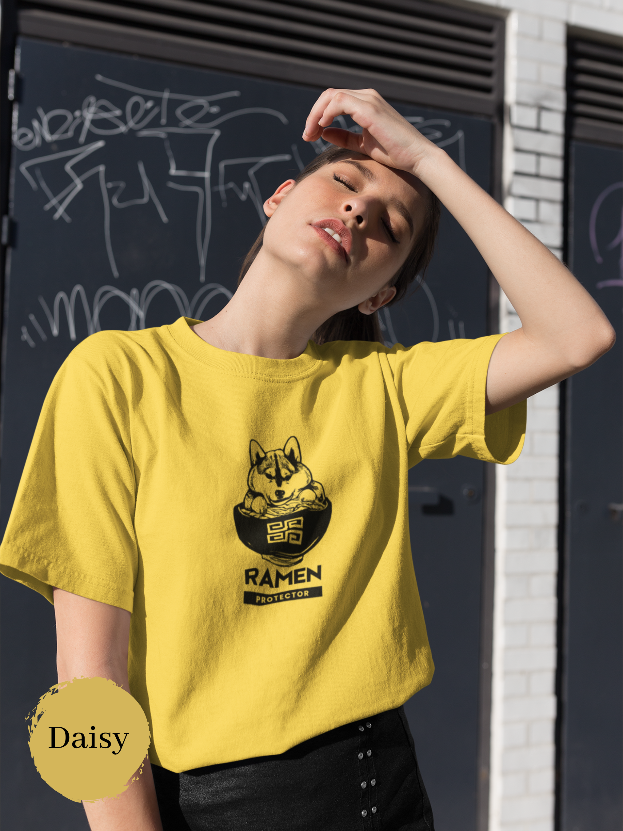 Ramen Protector T-Shirt: Japanese Foodie Shirt with Shiba Inu Guarding Ramen Bowl - Ramen Art