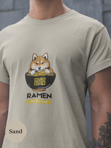 Ramen Protector T-Shirt: Japanese Foodie Shirt with Shiba Inu Guarding Ramen Bowl - Ramen Art
