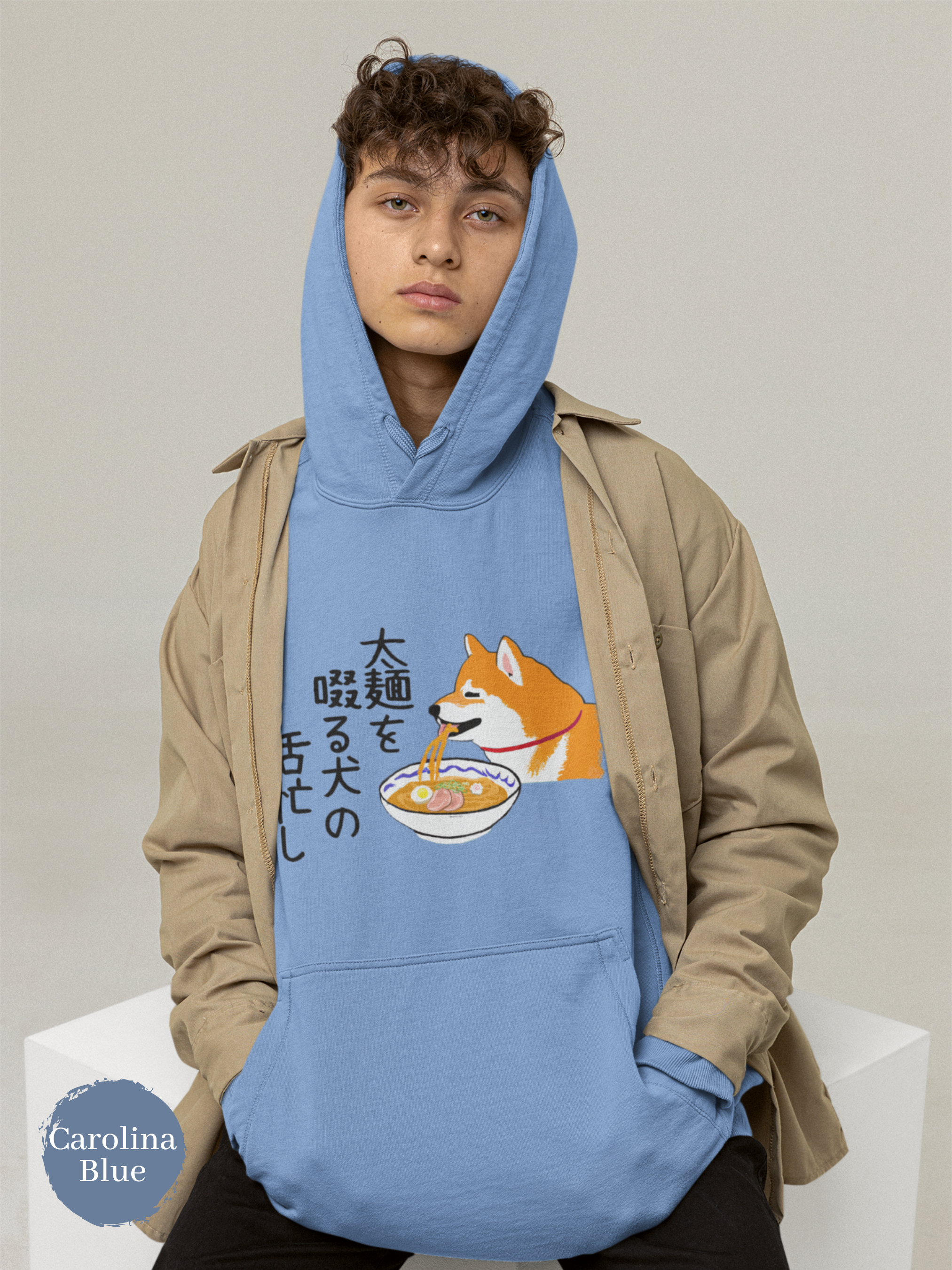 Ramen Hoodie: Asian Foodie Haiku Hoodie with Playful Ramen Art featuring a Cute Canine Chowing Down