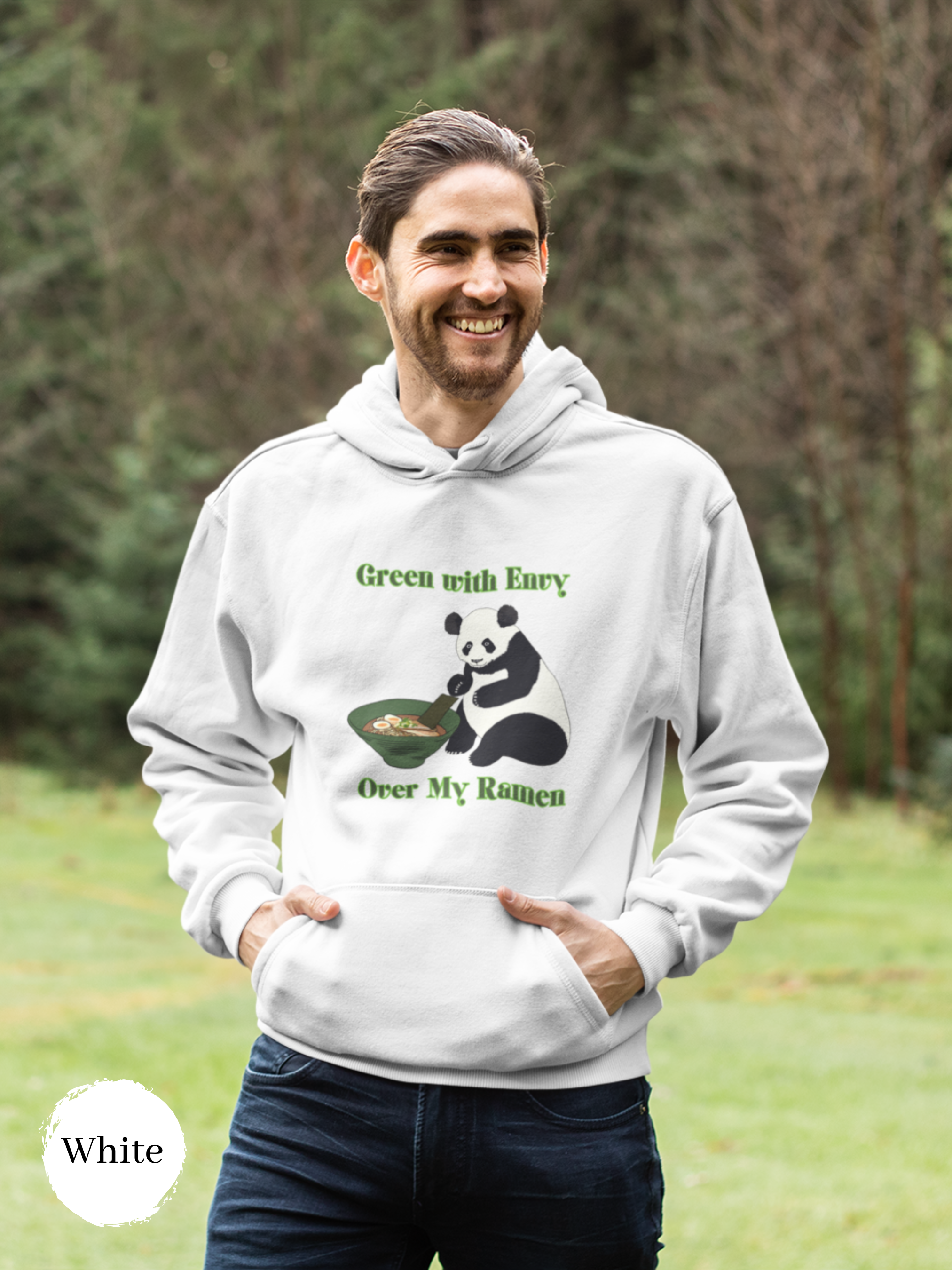 Ramen Hoodie: Green with Envy Over My Ramen Panda Sweatshirt - Foodie and Pun Hoodie with Ramen Art