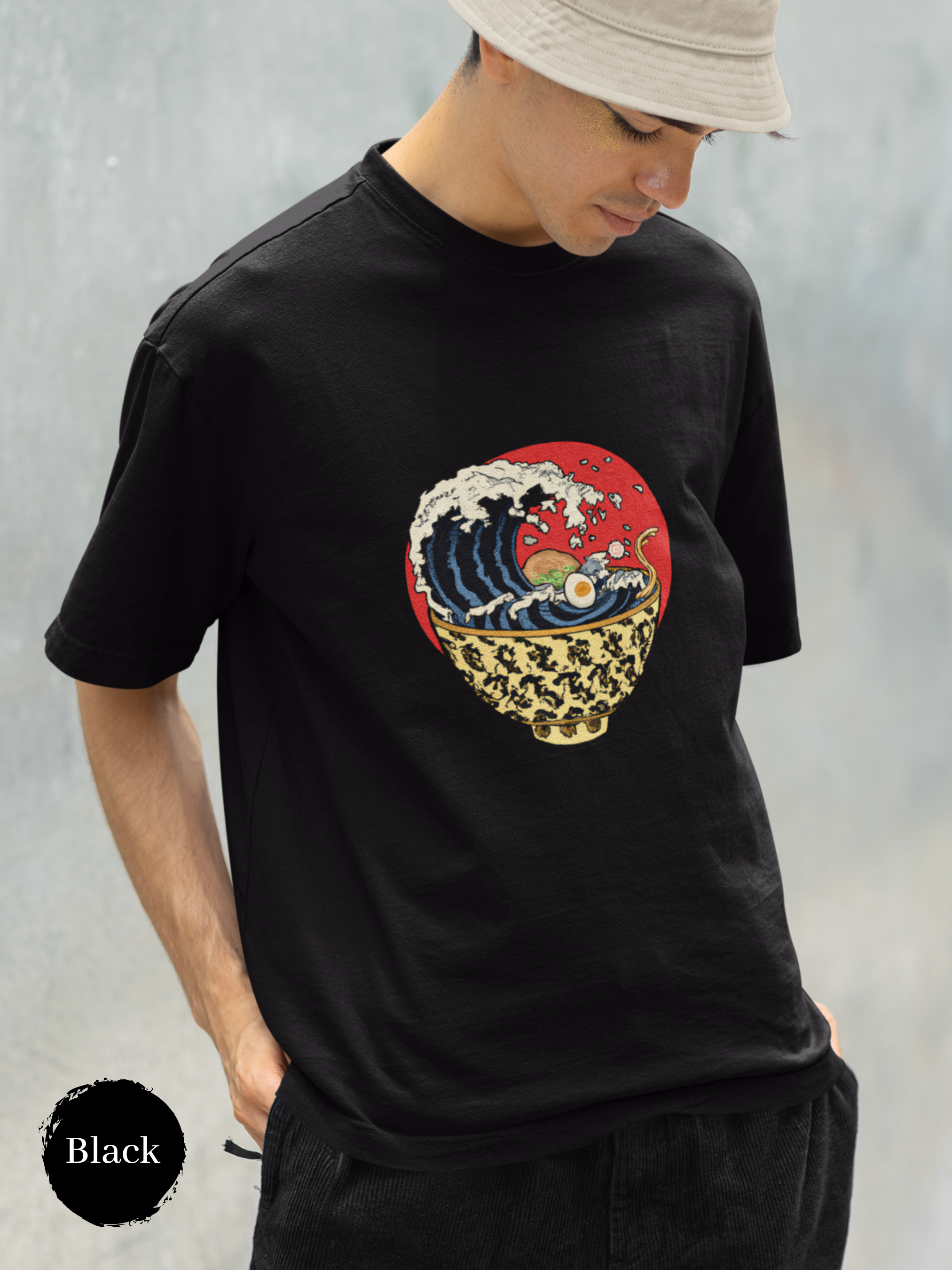 Ramen T-shirt: Hokusai Style Ramen Bowl with Wave Illustration - Japanese Foodie Shirt with Unique Ramen Art