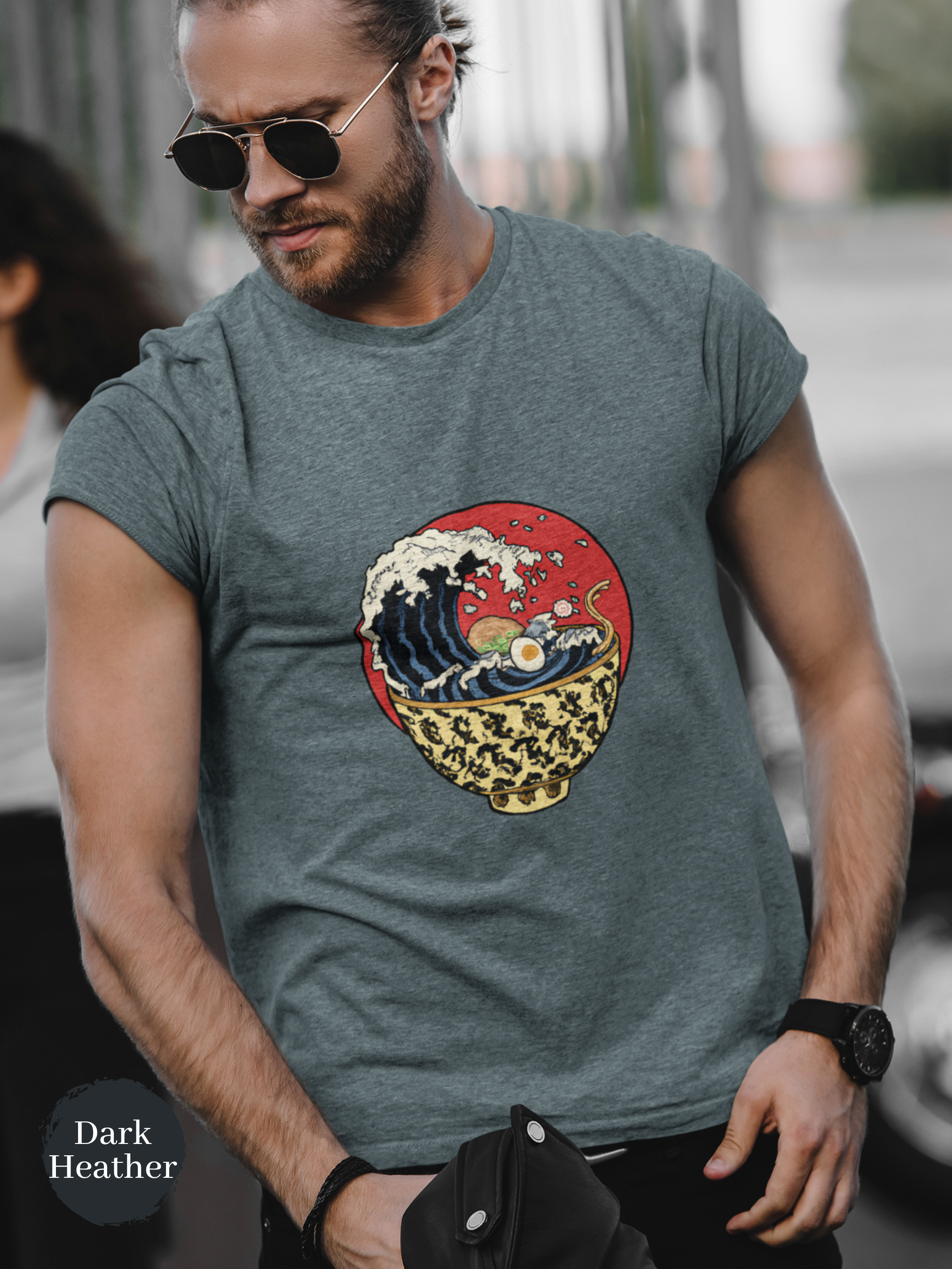 Ramen T-shirt: Hokusai Style Ramen Bowl with Wave Illustration - Japanese Foodie Shirt with Unique Ramen Art