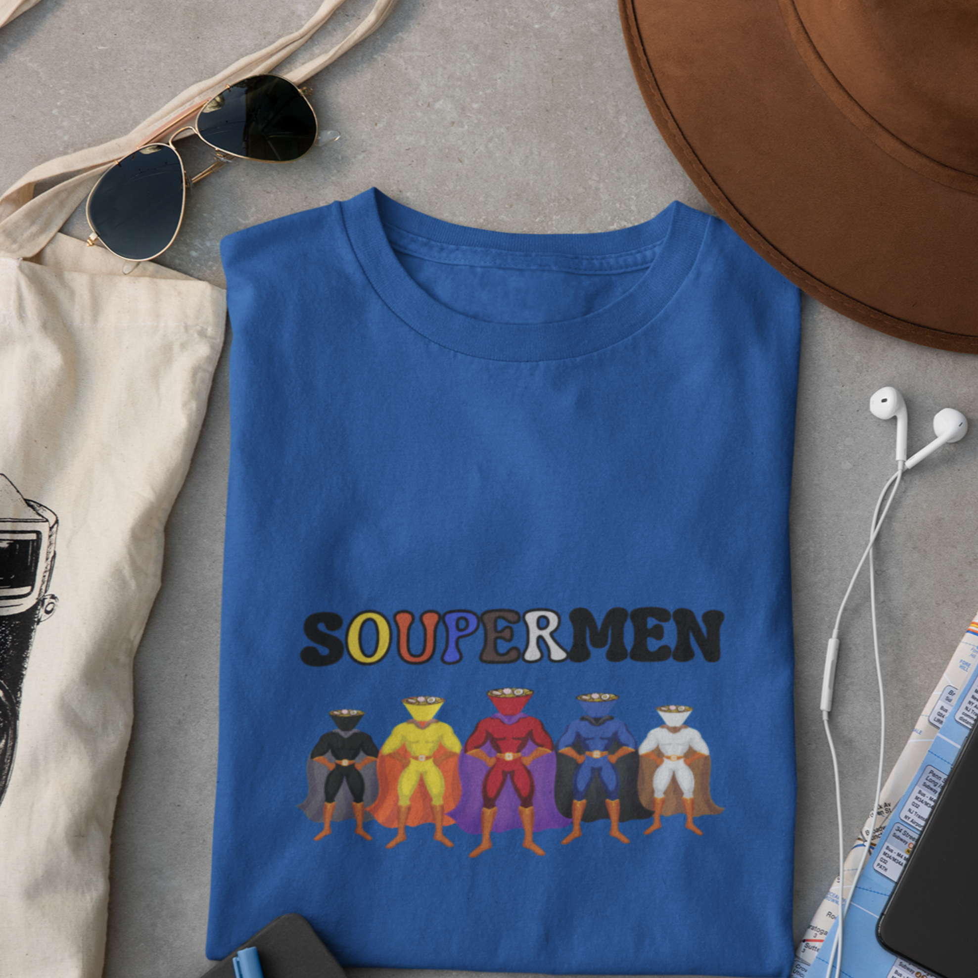 Ramen T-Shirt: Soupermen - Japanese Foodie Shirt with Ramen Art of Superheroes in Ramen Bowls