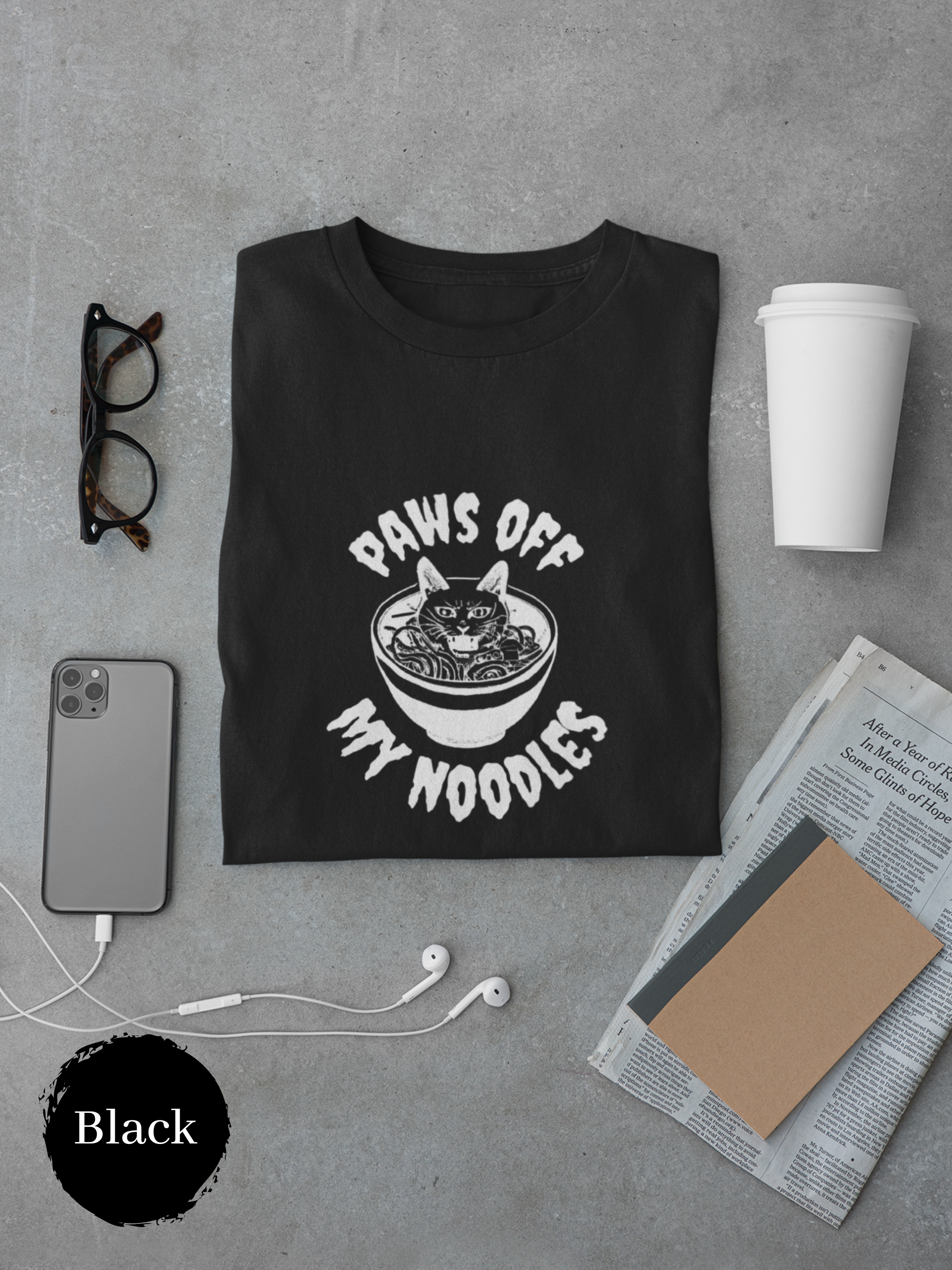 Ramen T-Shirt: Paws Off My Noodles - Japanese Foodie Shirt with Ramen Art of Cat Protecting Ramen Bowl