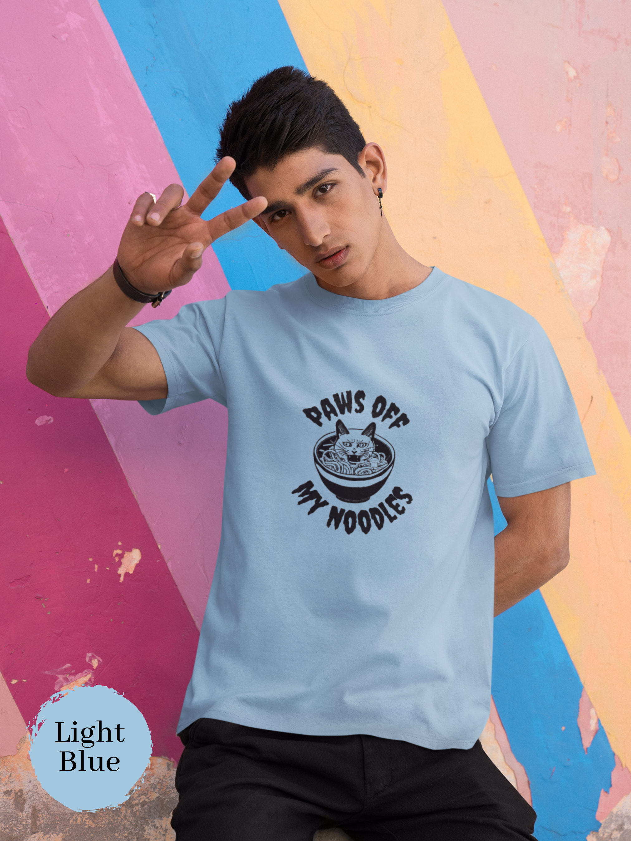 Ramen T-Shirt: Paws Off My Noodles - Japanese Foodie Shirt with Ramen Art of Cat Protecting Ramen Bowl