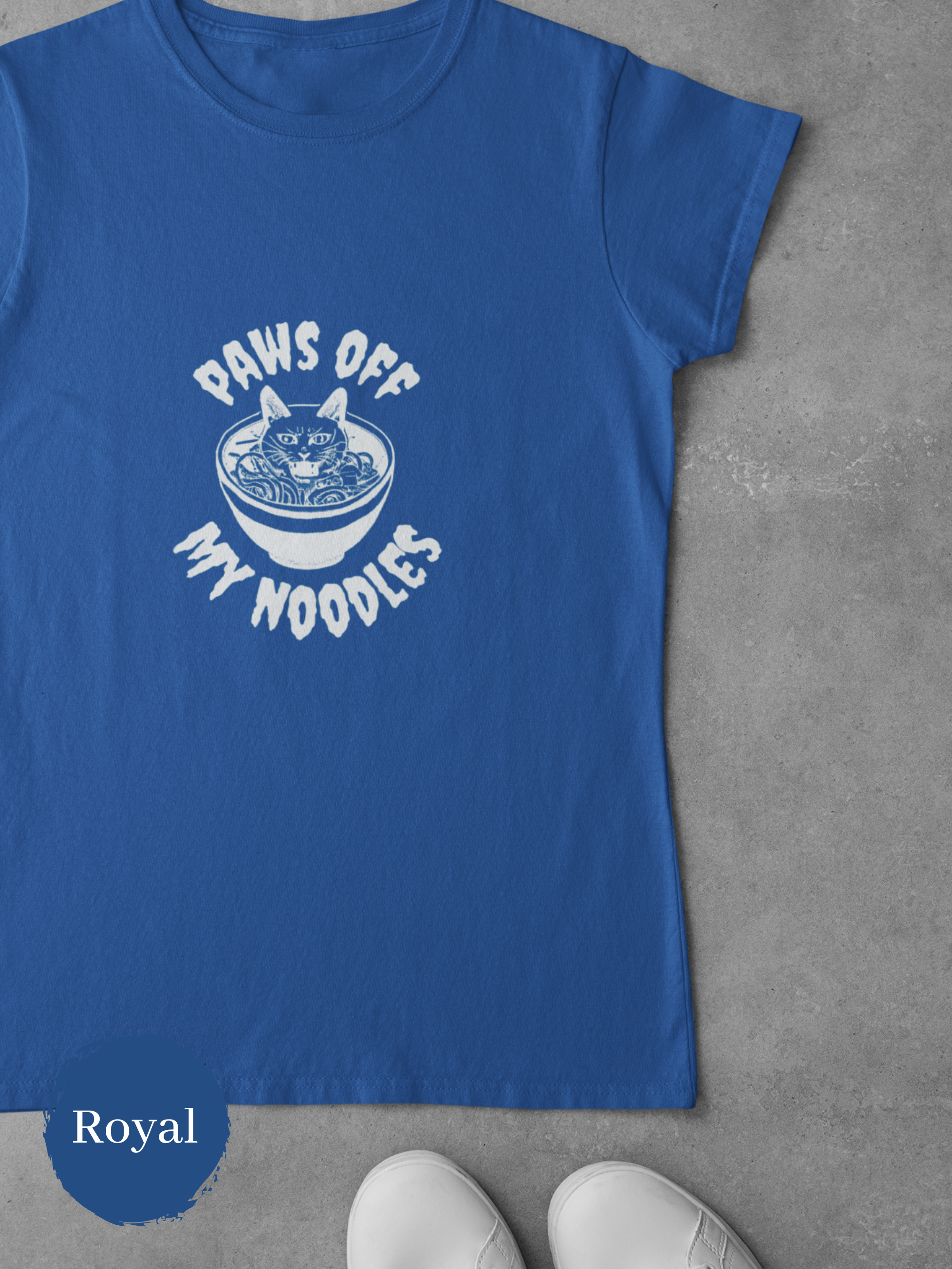 Ramen T-Shirt: Paws Off My Noodles - Japanese Foodie Shirt with Ramen Art of Cat Protecting Ramen Bowl