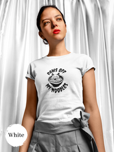 Ramen T-Shirt: Paws Off My Noodles - Japanese Foodie Shirt with Ramen Art of Cat Protecting Ramen Bowl