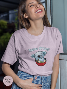 Ramen T-Shirt: Japanese Foodie Shirt with Cute Koala Sleeping in Ramen Bowl - Ramen Dreams Art