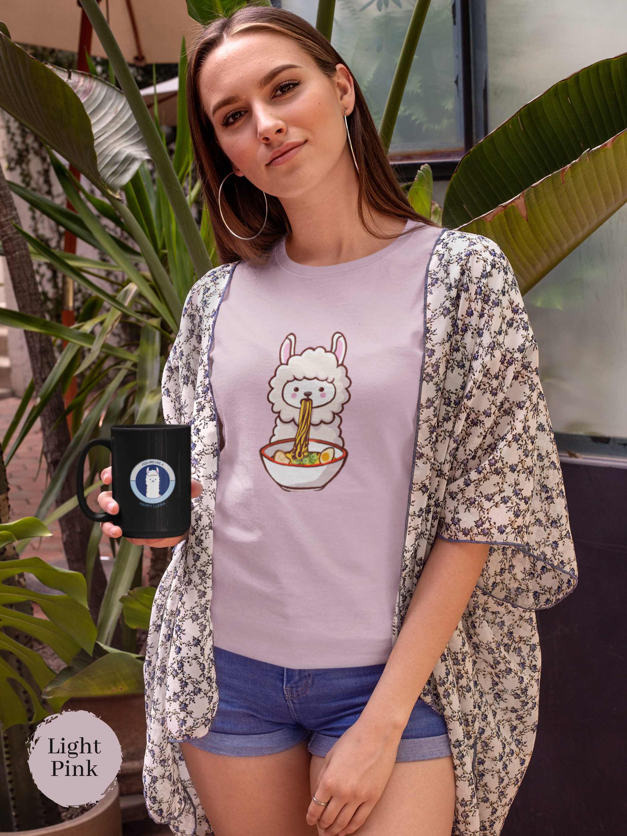 Ramen T-Shirt: Cute Llama Slurping Ramen - Japanese Foodie Shirt with Ramen Art