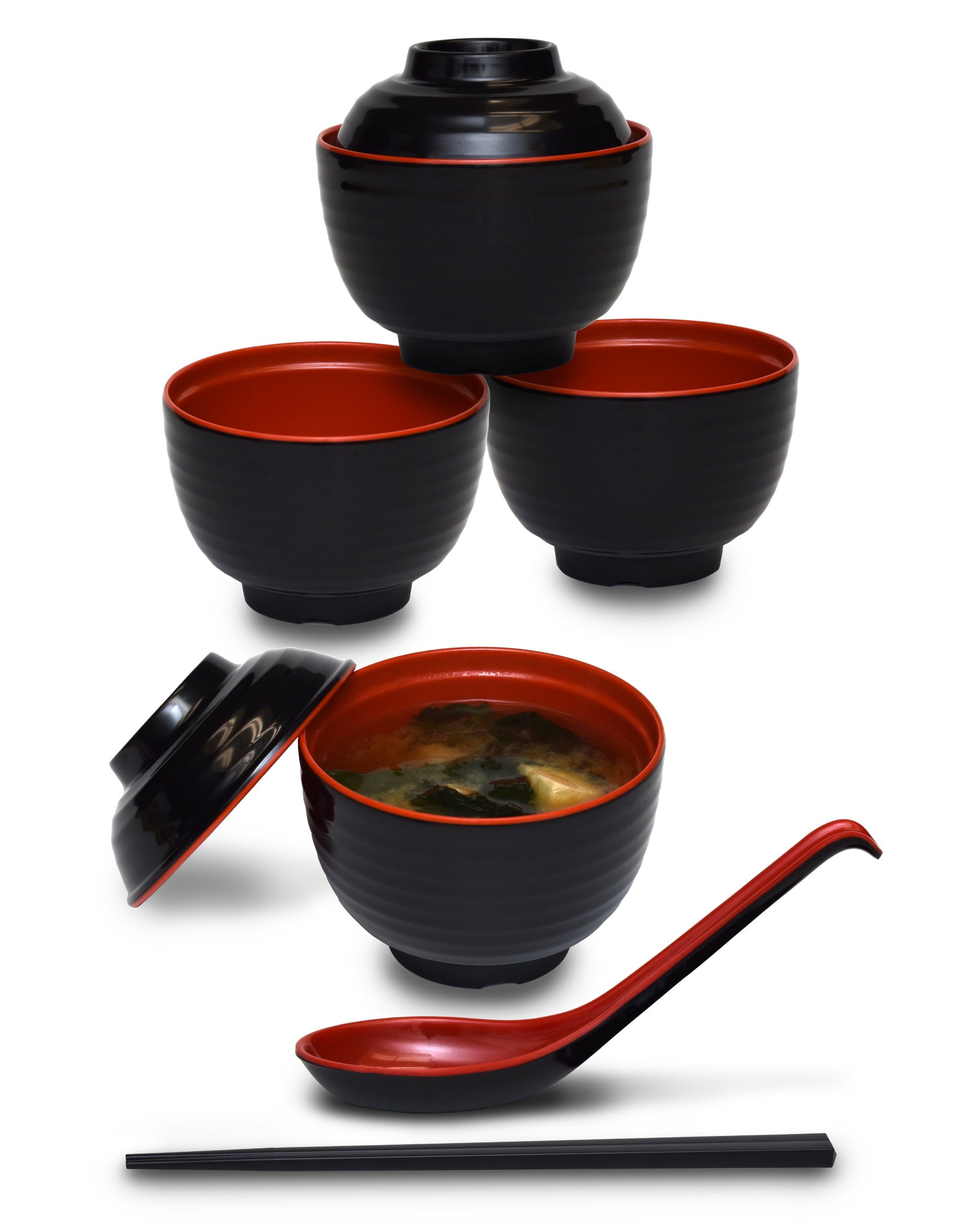 ASIAN HOME Japanese Rice and Soup Bowls With Lid, Black and Red, for rice,  miso soup, 4.33 x 3.94, 8.4 oz. (4 Bowls)