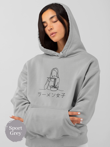 Ramen Hoodie: Japanese Foodie Shirt with Line Art of a Ramen-Eating Woman - Authentic Ramen Art Design