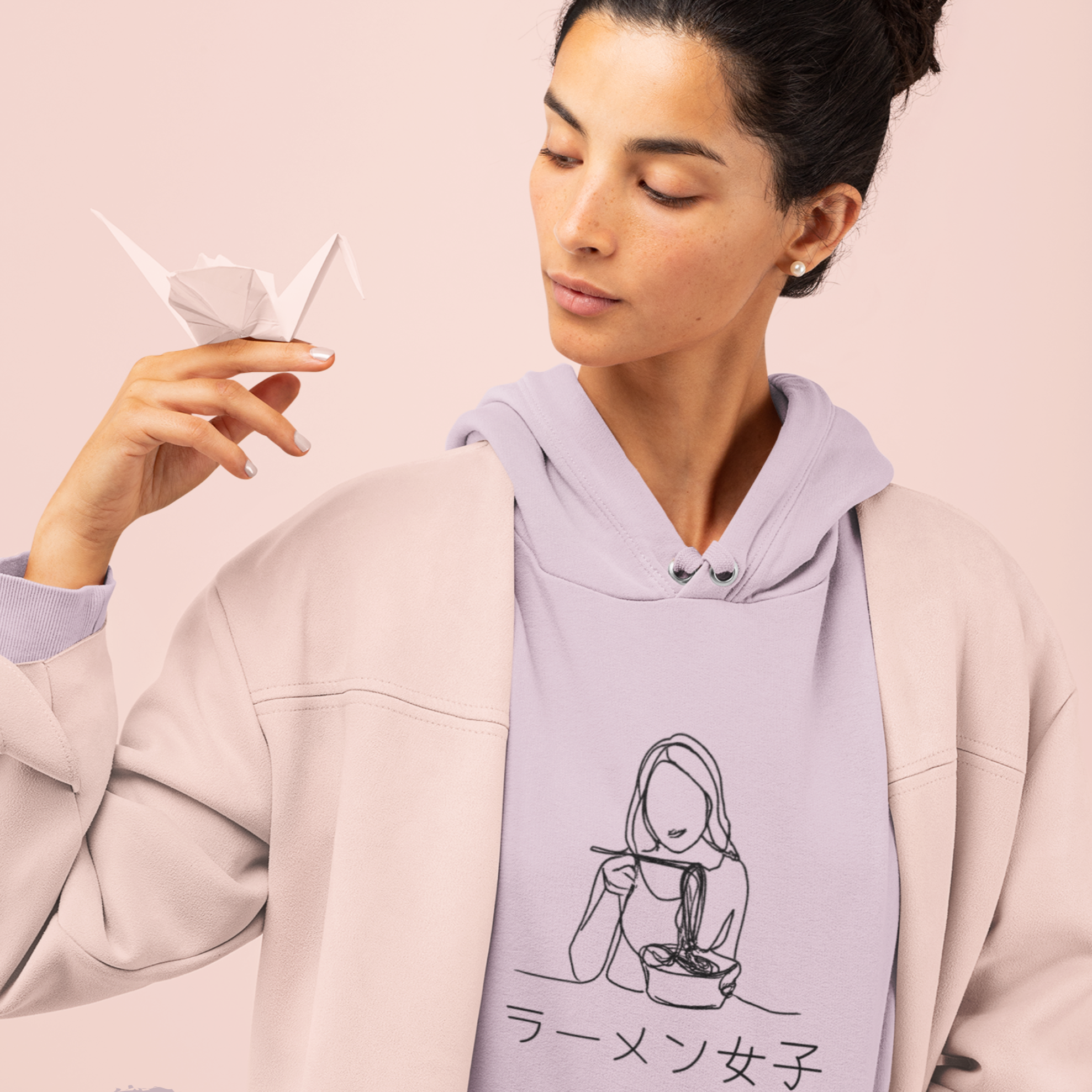 Ramen Hoodie: Japanese Foodie Shirt with Line Art of a Ramen-Eating Woman - Authentic Ramen Art Design