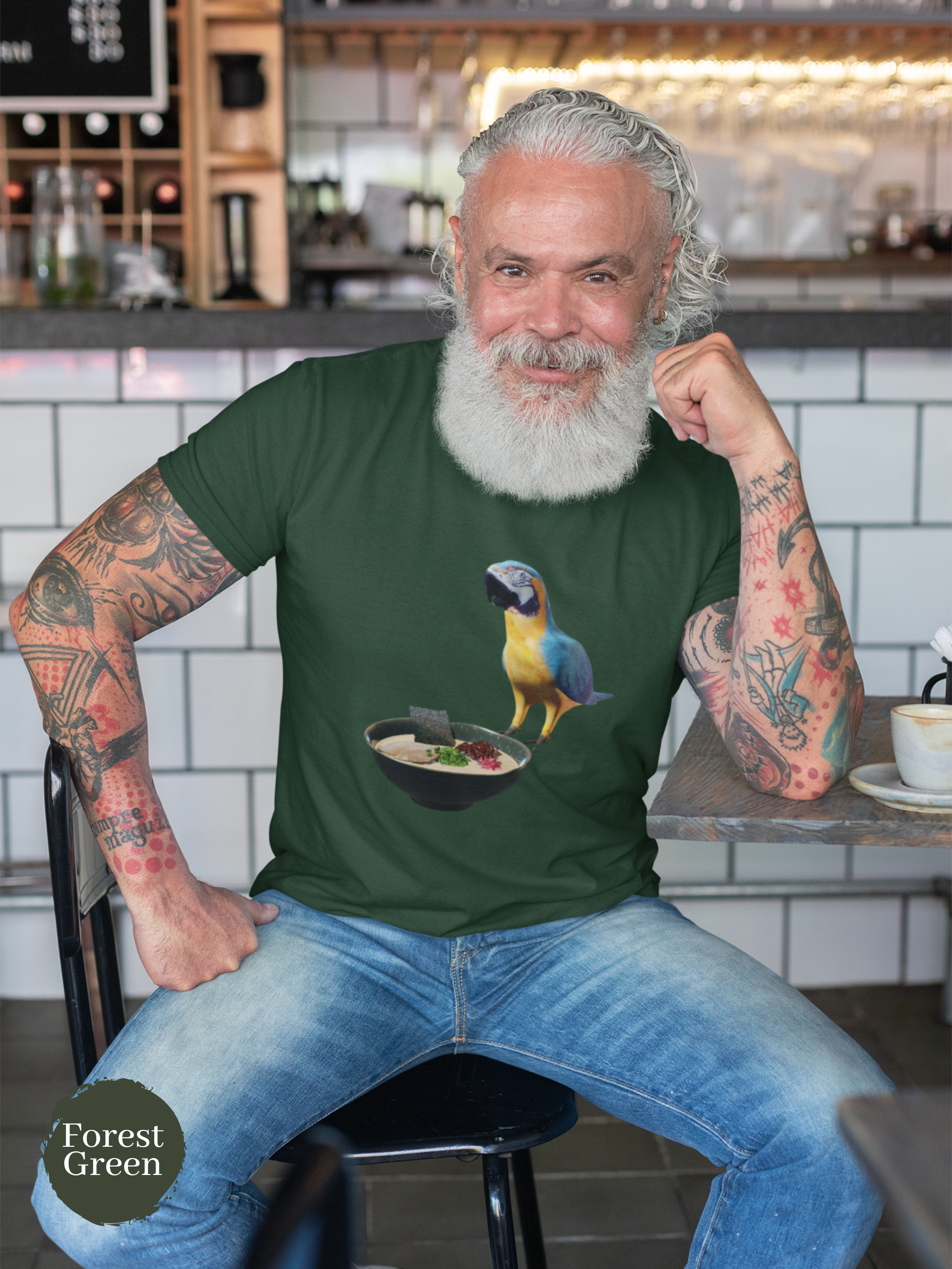 Ramen T-Shirt with Parrot and Japanese Noodle Art: Foodie Shirt for Ramen Lovers