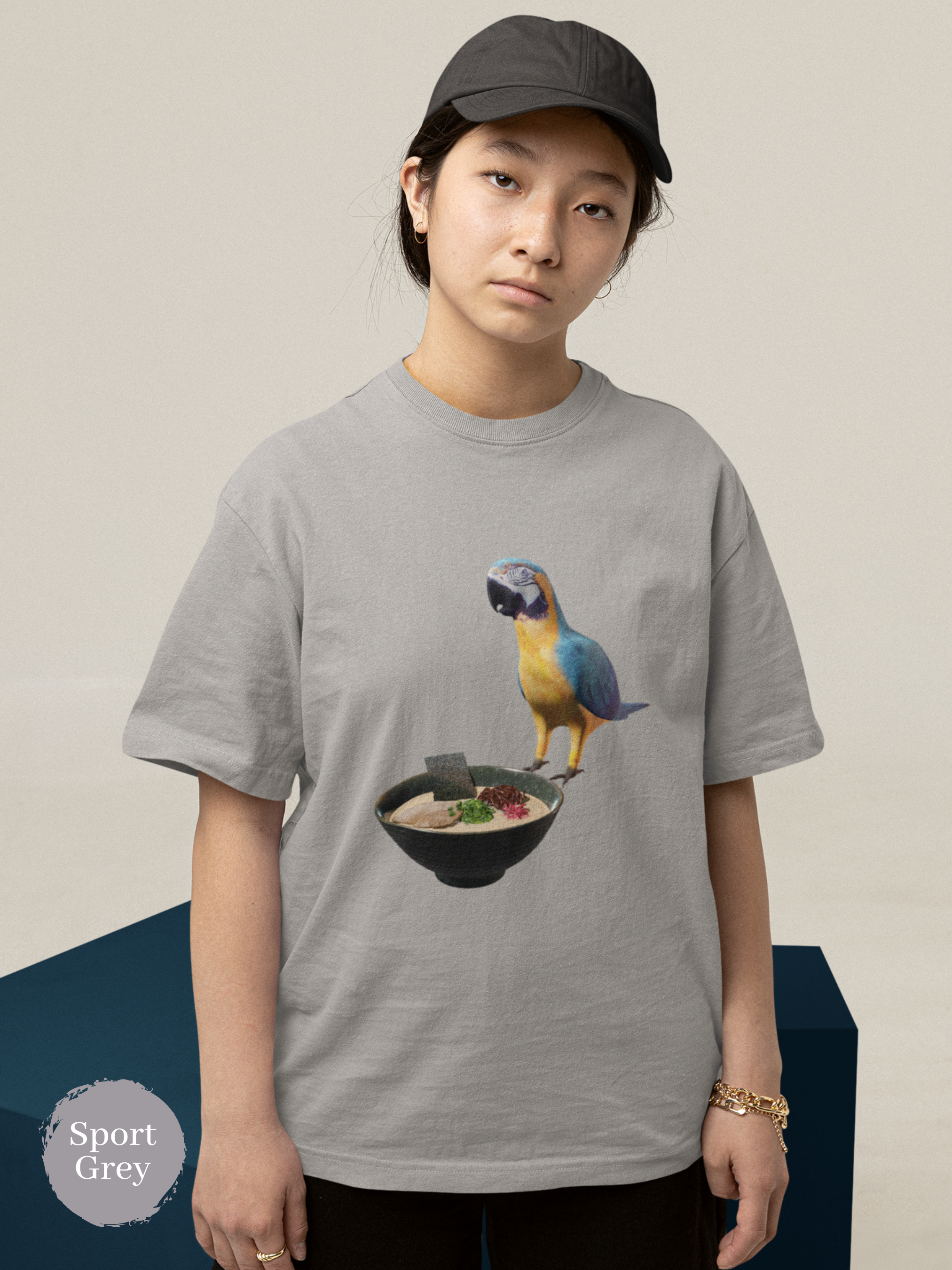 Ramen T-Shirt with Parrot and Japanese Noodle Art: Foodie Shirt for Ramen Lovers