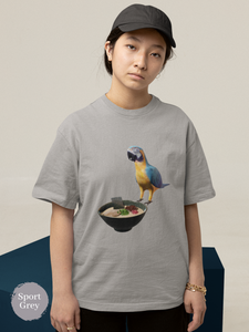 Ramen T-Shirt with Parrot and Japanese Noodle Art: Foodie Shirt for Ramen Lovers