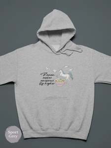 Ramen Hoodie: Flying Higher with Unicorn Power and Delicious Ramen Noodles Pun Hoodie