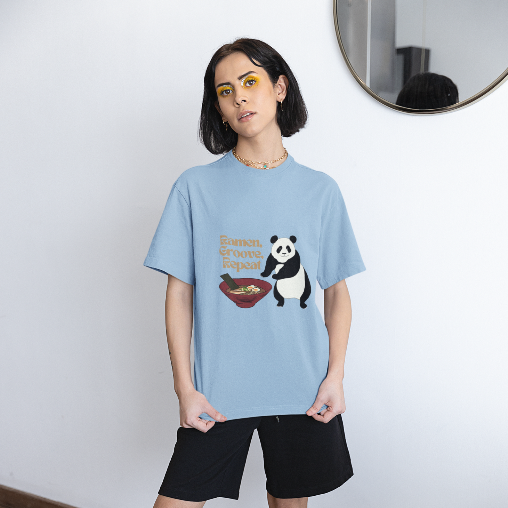 Ramen T-Shirt: Ramen, Groove, Repeat with Panda Illustration - Japanese Foodie Shirt with Ramen Art