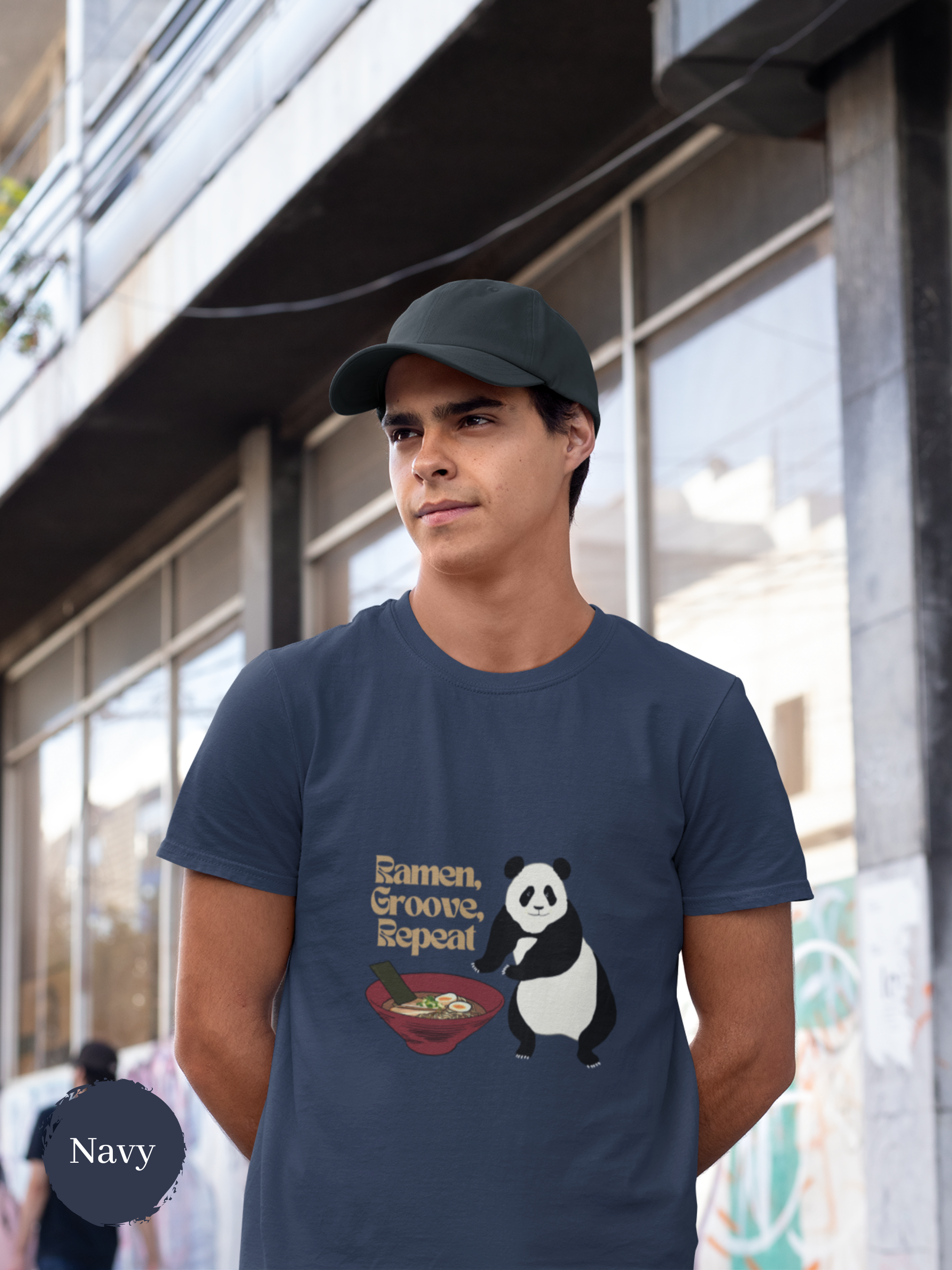 Ramen T-Shirt: Ramen, Groove, Repeat with Panda Illustration - Japanese Foodie Shirt with Ramen Art