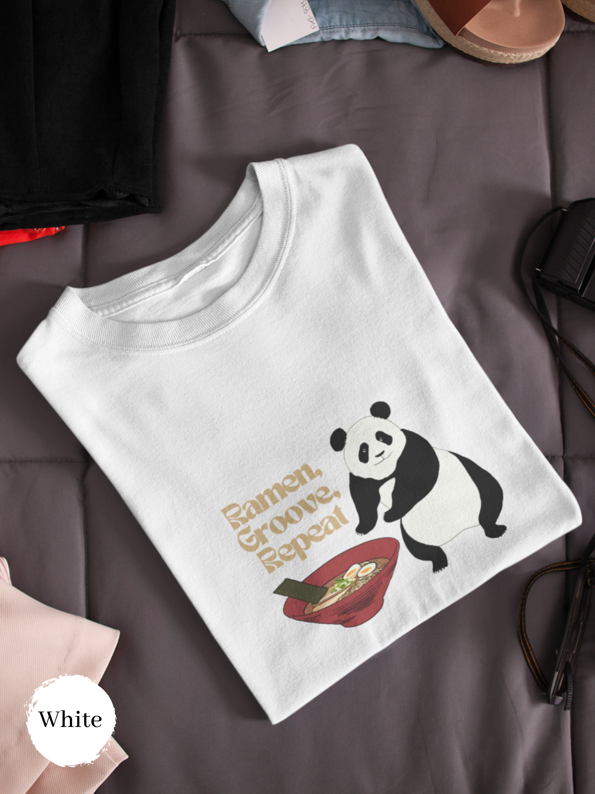 Ramen T-Shirt: Ramen, Groove, Repeat with Panda Illustration - Japanese Foodie Shirt with Ramen Art