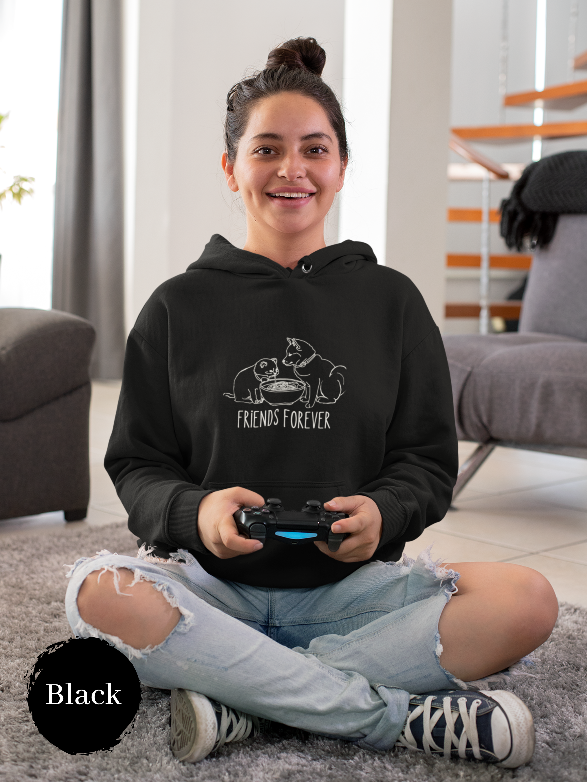 Ramen Hoodie: "Friend Forever" Cat and Shiba Inu Sharing Ramen Bowl - Asian Food and Pun Hoodie for Foodies