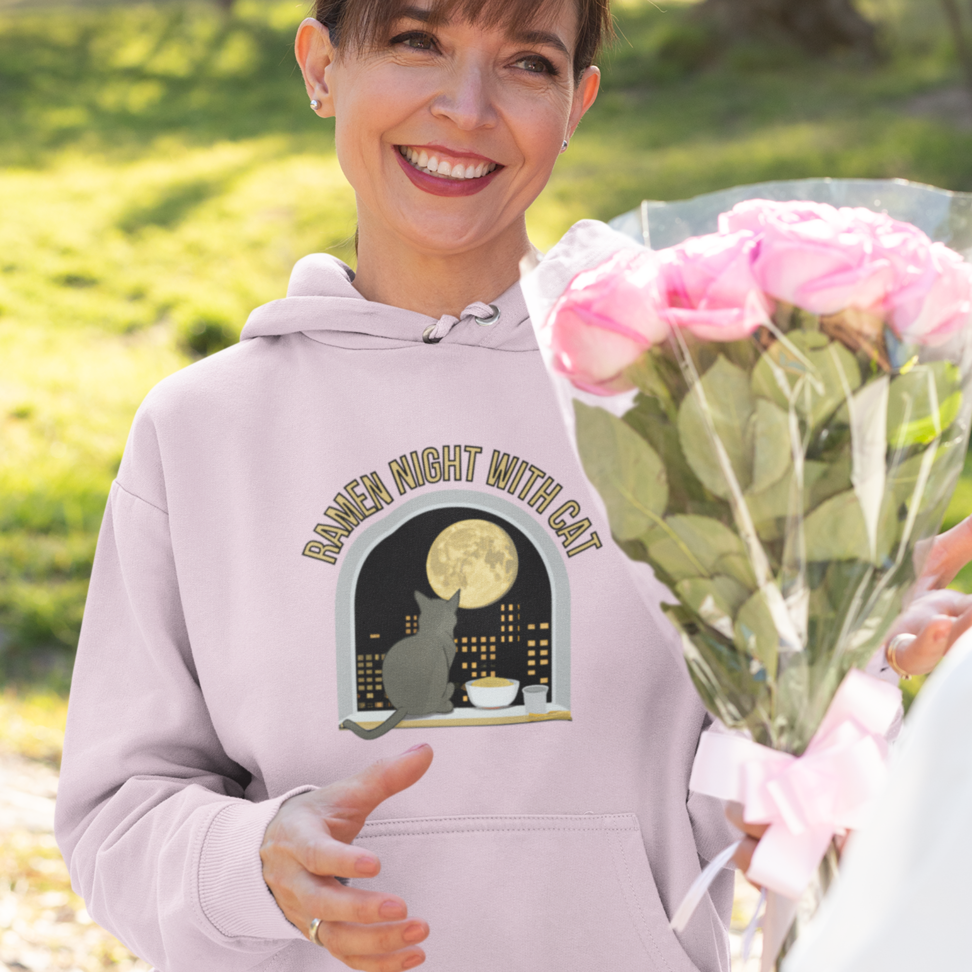 Ramen Hoodie Noodle Night Sweatshirt with Cute Cat Illustration