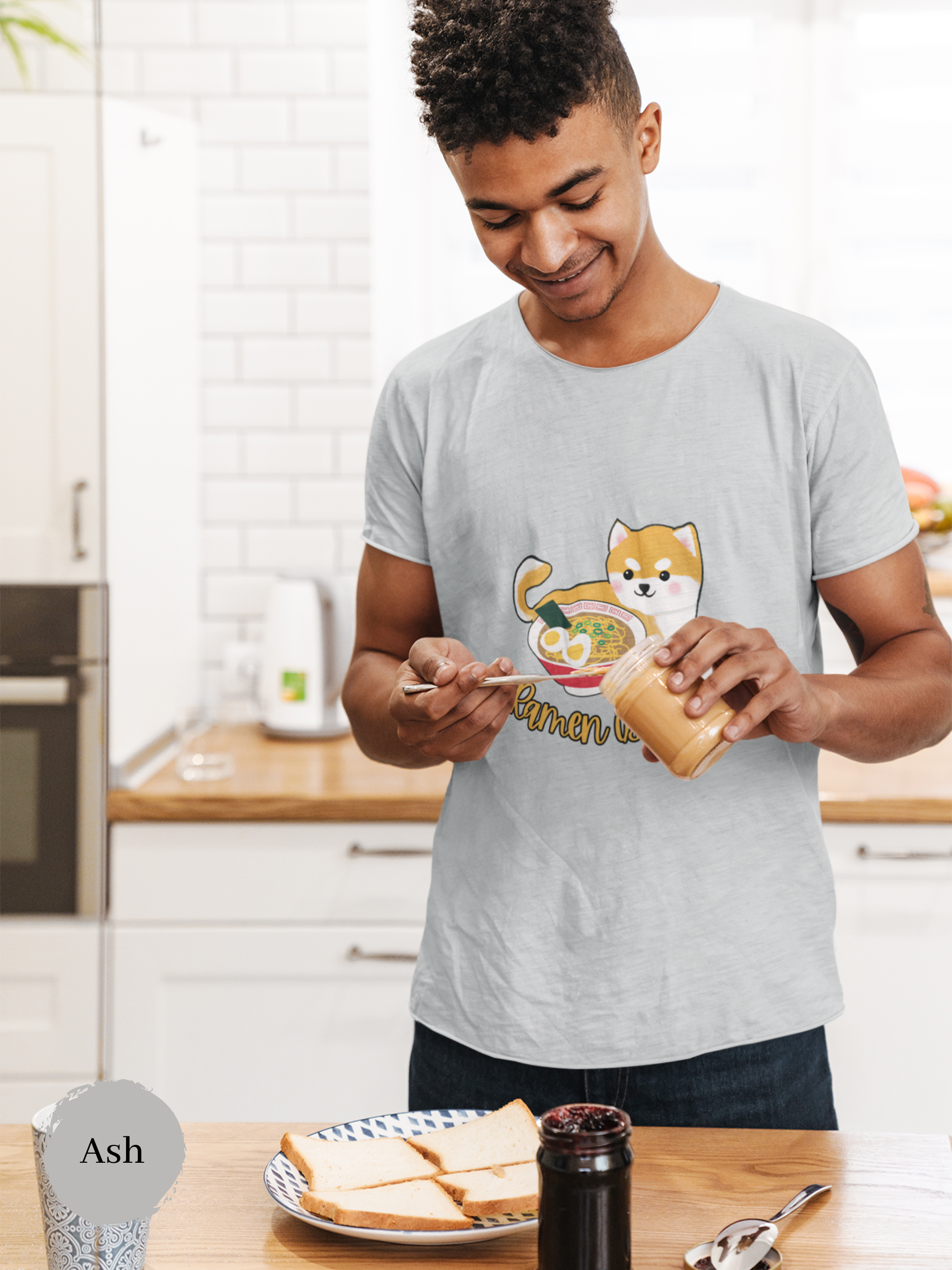 Ramen T-Shirt: Japanese Foodie Shirt with Cute Shiba Inu Beside Ramen Bowl - Ramen is Life Art Print