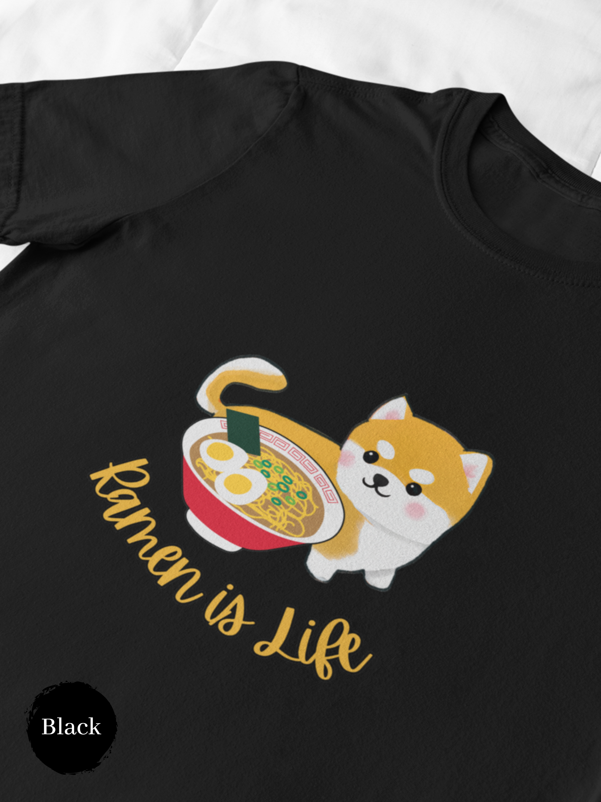 Ramen T-Shirt: Japanese Foodie Shirt with Cute Shiba Inu Beside Ramen Bowl - Ramen is Life Art Print