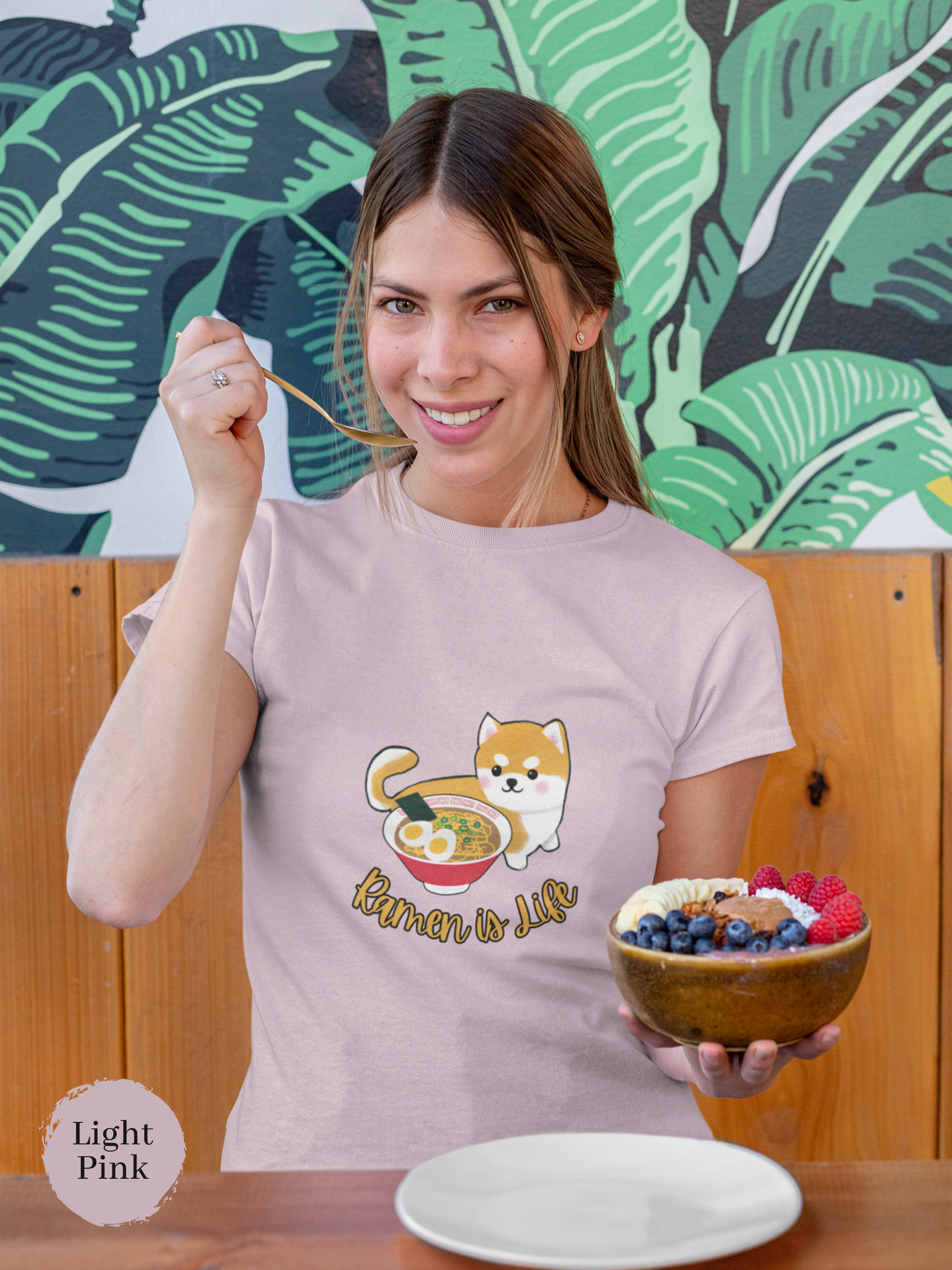 Ramen T-Shirt: Japanese Foodie Shirt with Cute Shiba Inu Beside Ramen Bowl - Ramen is Life Art Print