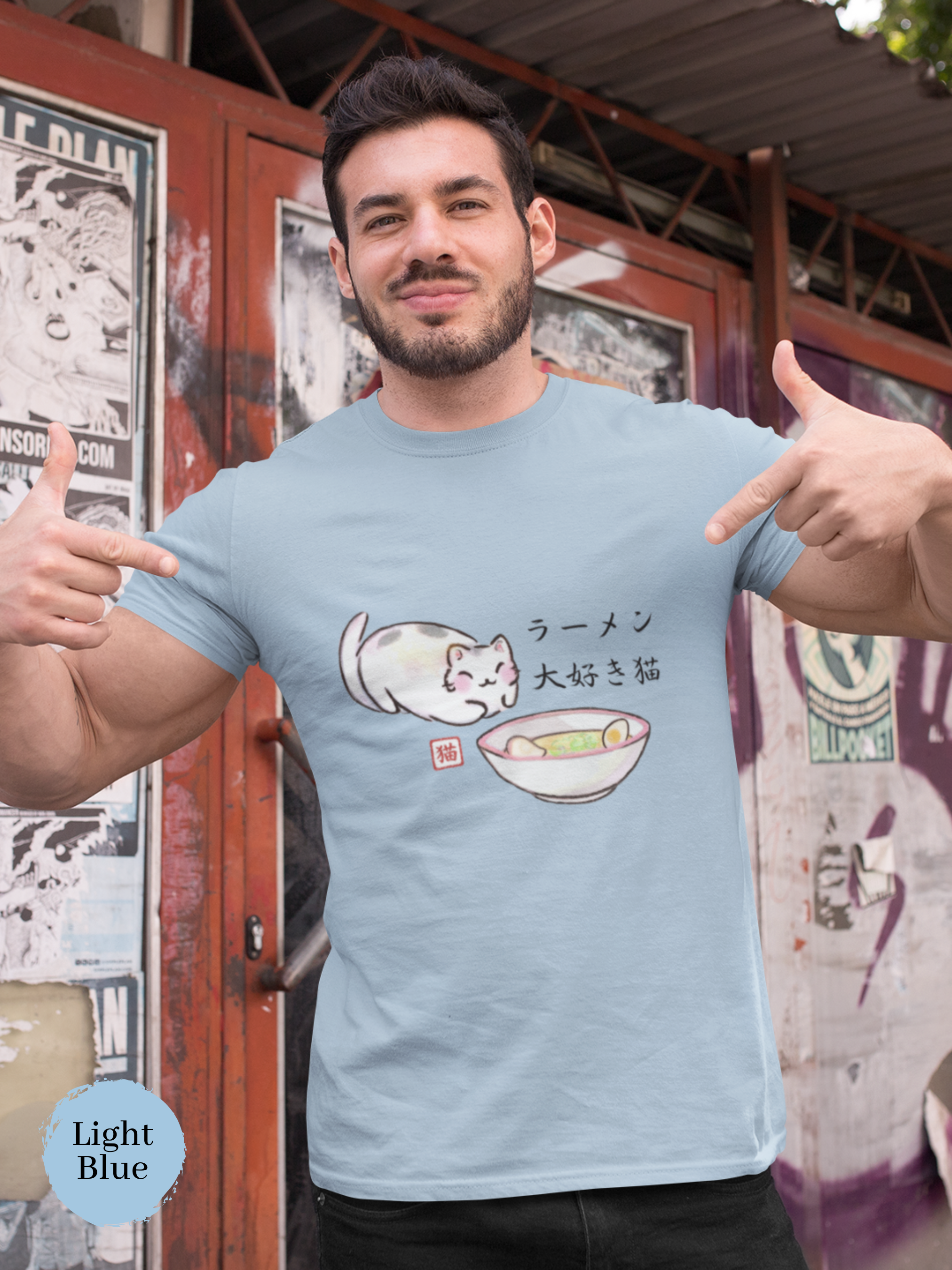 Japanese Ramen T-Shirt with Adorable Cat Illustration: Perfect for Foodie Enthusiasts and Art Lovers - Ramen Art at Its Finest