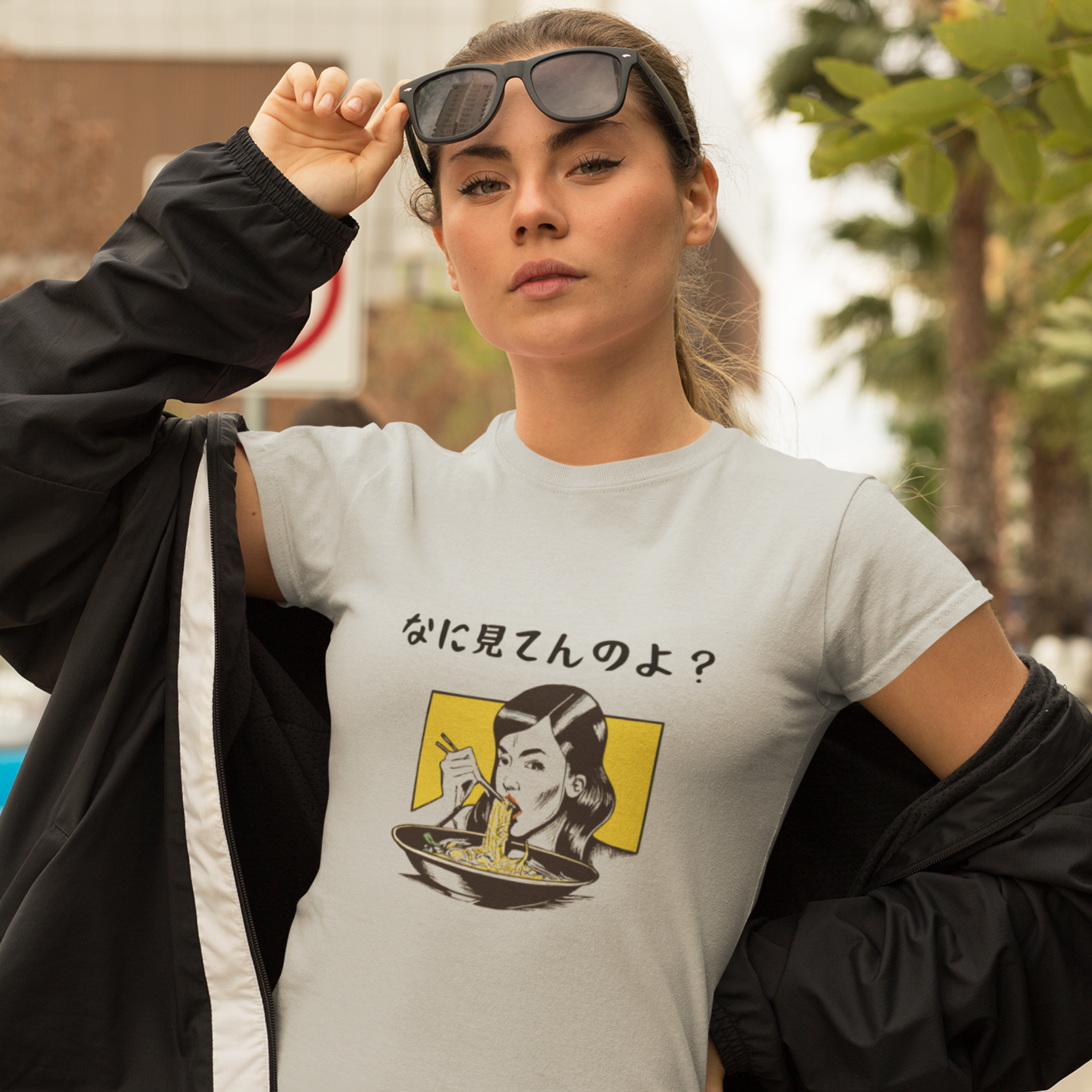 Ramen Harajuku Art T-Shirt: Japanese Foodie Shirt with Kawaii Illustration of Woman Eating Noodles