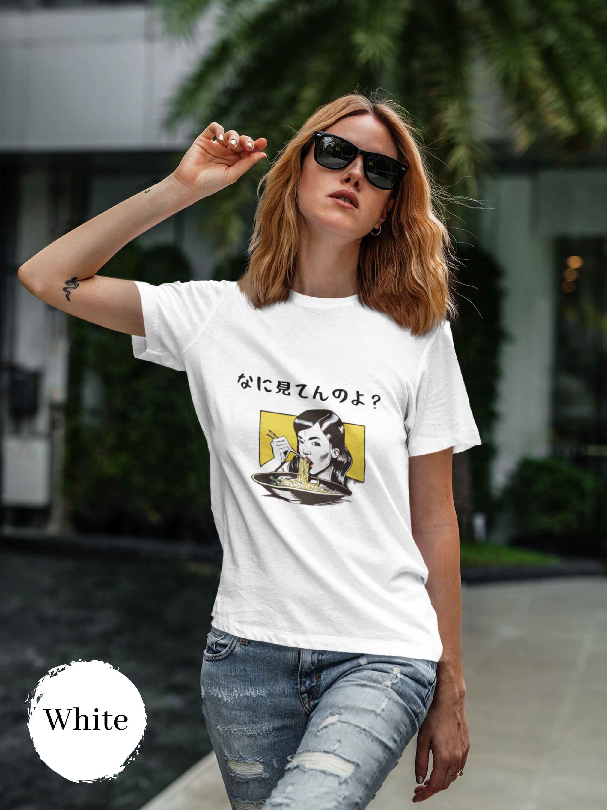 Ramen Harajuku Art T-Shirt: Japanese Foodie Shirt with Kawaii Illustration of Woman Eating Noodles