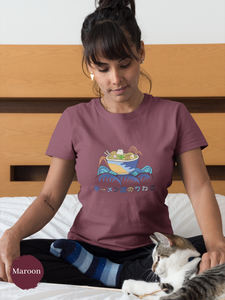 Ramen T-Shirt: Japanese Foodie Shirt with Cute Surfing Cat on Ramen Bowl - Ramen Wave Riding Cat Ramen Art Print