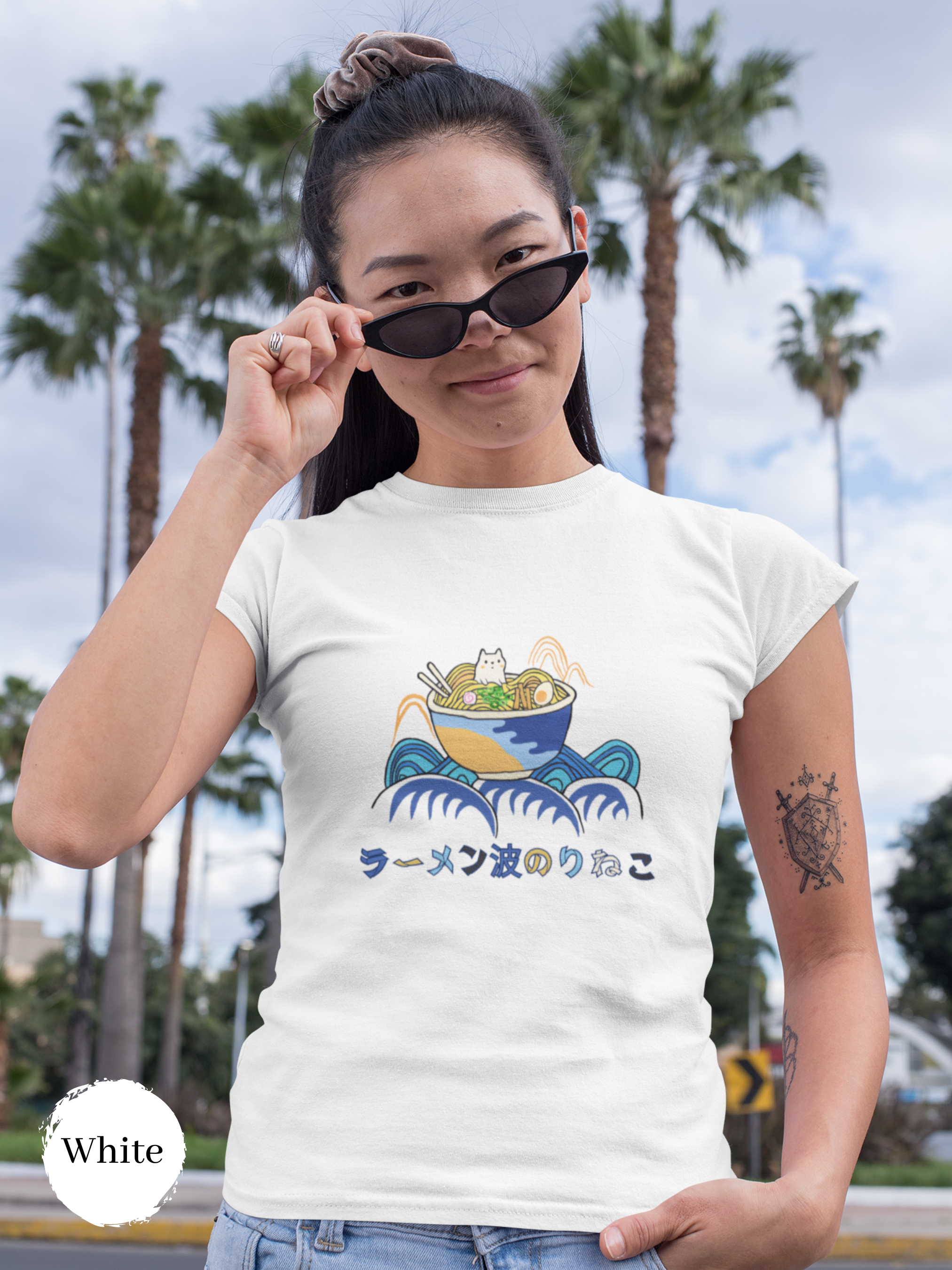 Ramen T-Shirt: Japanese Foodie Shirt with Cute Surfing Cat on Ramen Bowl - Ramen Wave Riding Cat Ramen Art Print