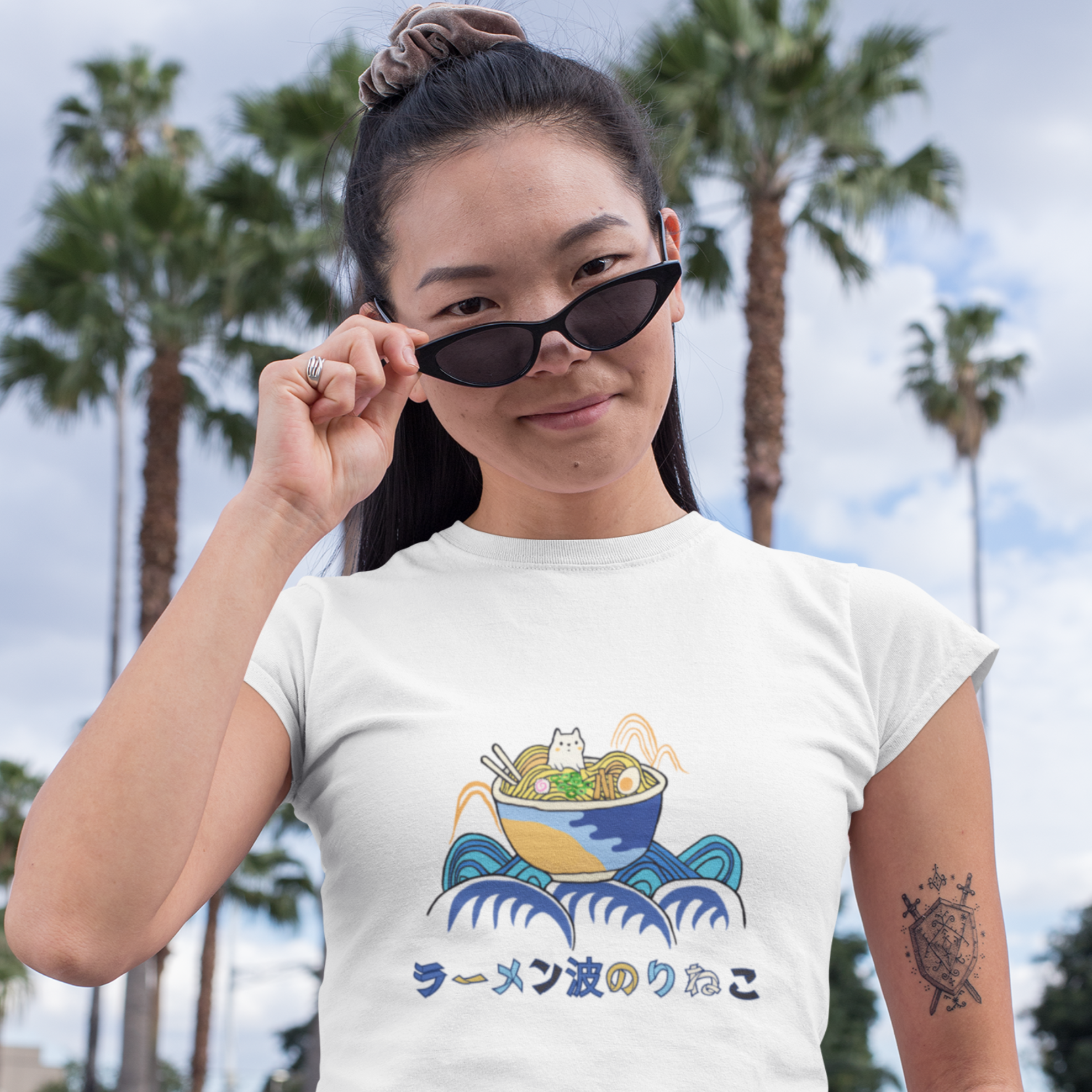 Ramen T Shirt Japanese Foodie Shirt with Cute Surfing Cat on