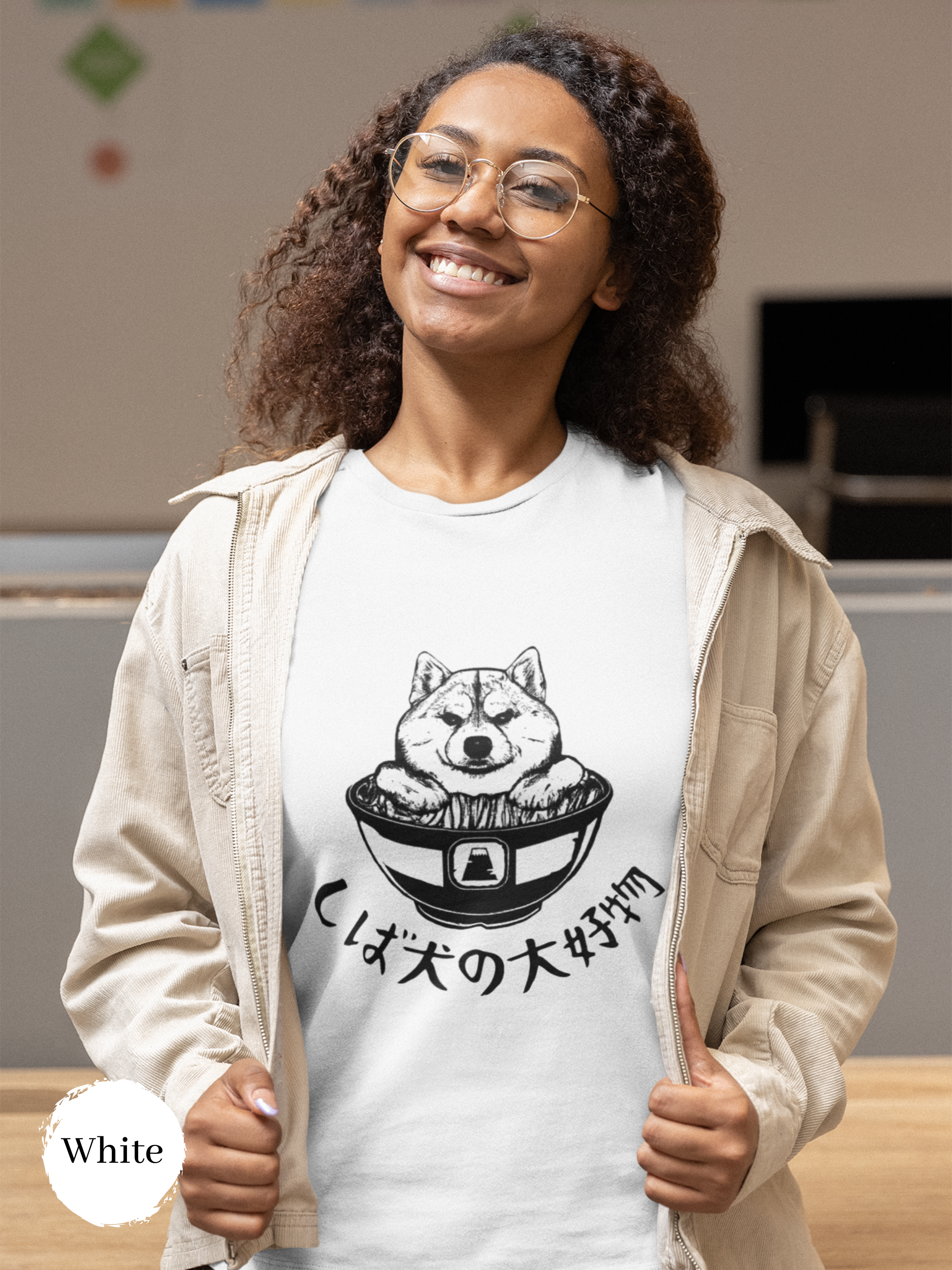 Ramen T-Shirt: Shiba Inu and Ramen Bowl with Japanese Text - Foodie Shirt and Ramen Art