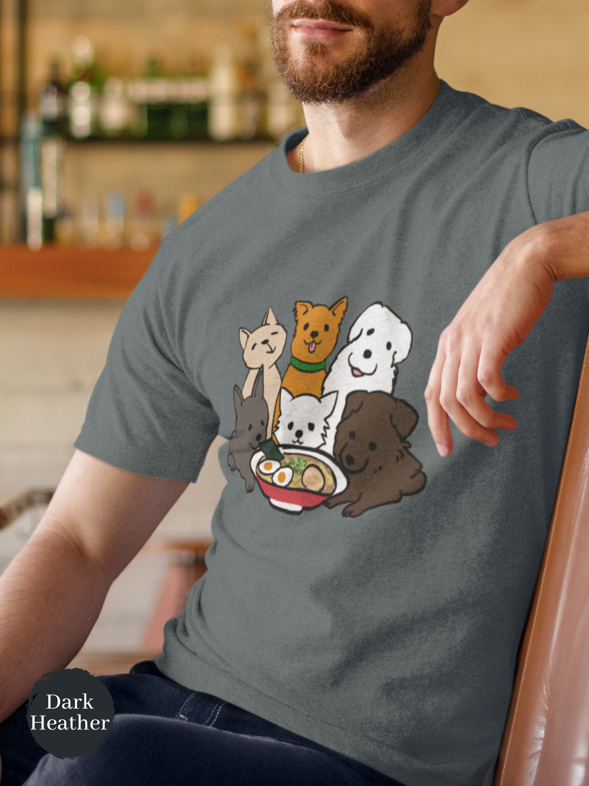 Ramen T-shirt - Six Adorable Dogs Enjoying a Bowl of Japanese Ramen - Foodie Shirt with Unique Ramen Art