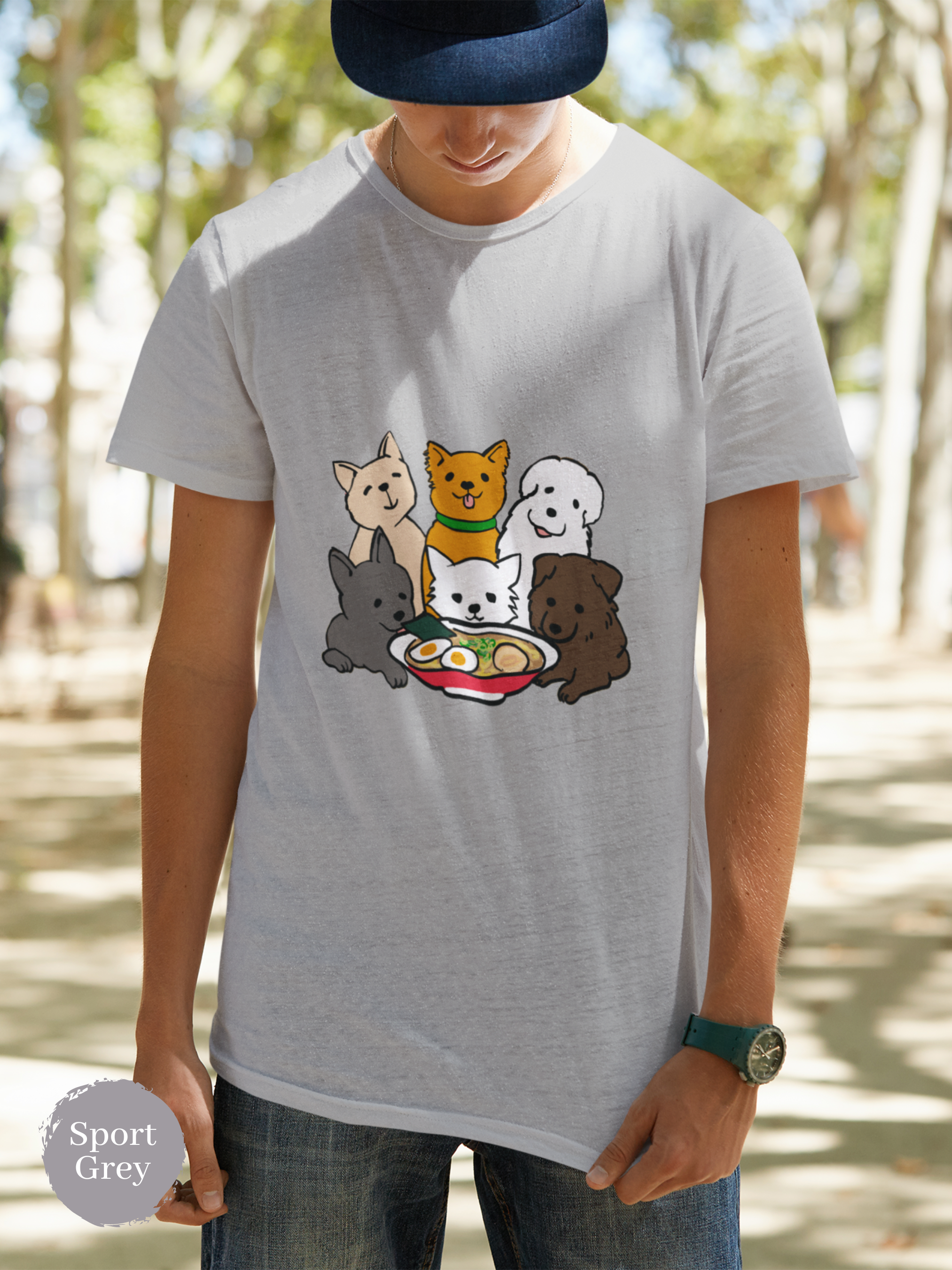 Ramen T-shirt - Six Adorable Dogs Enjoying a Bowl of Japanese Ramen - Foodie Shirt with Unique Ramen Art
