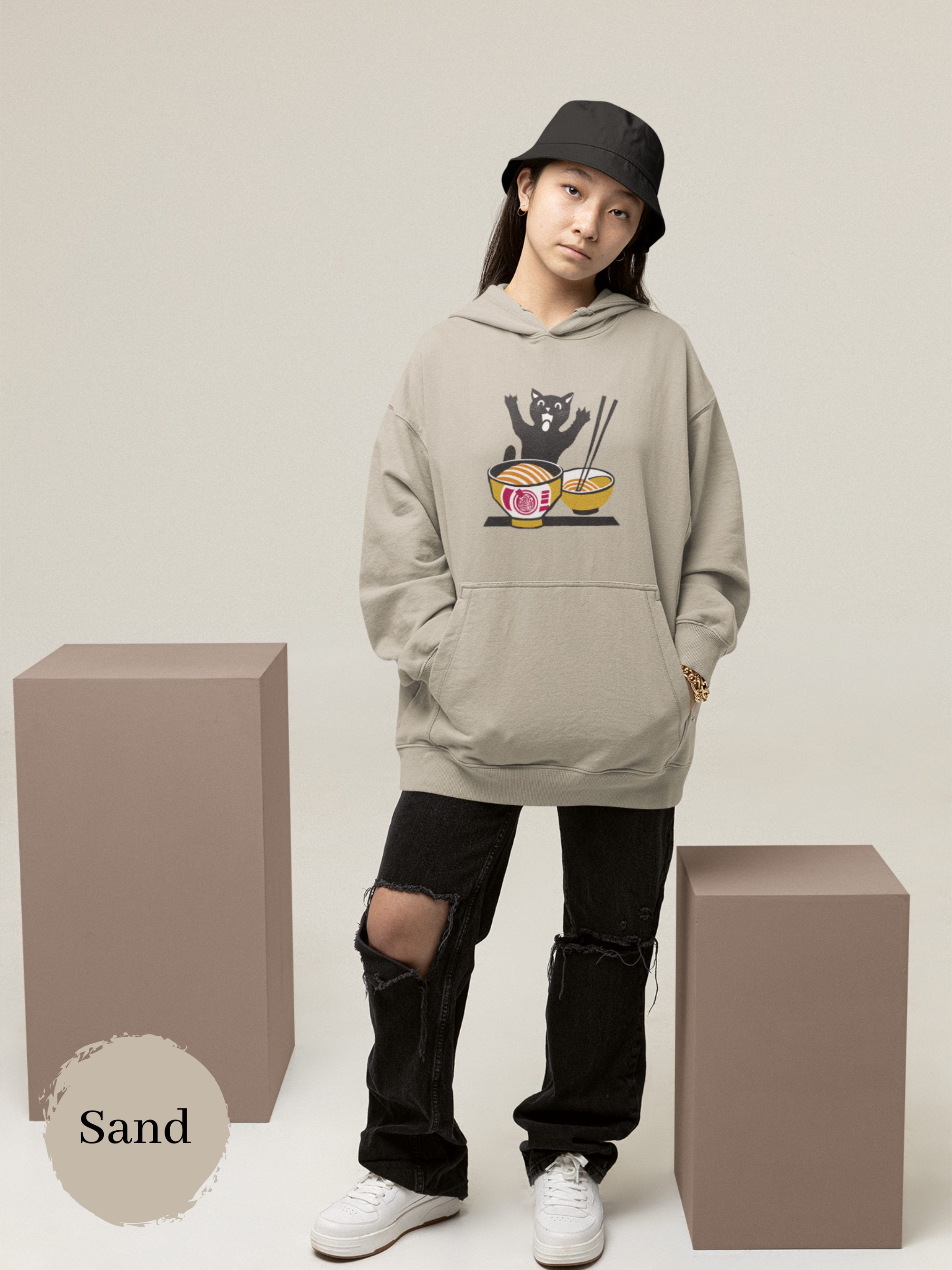 Ramen Hoodie Cat and Ramen Bowl Illustration Foodie Hoodie with Asian Food Art
