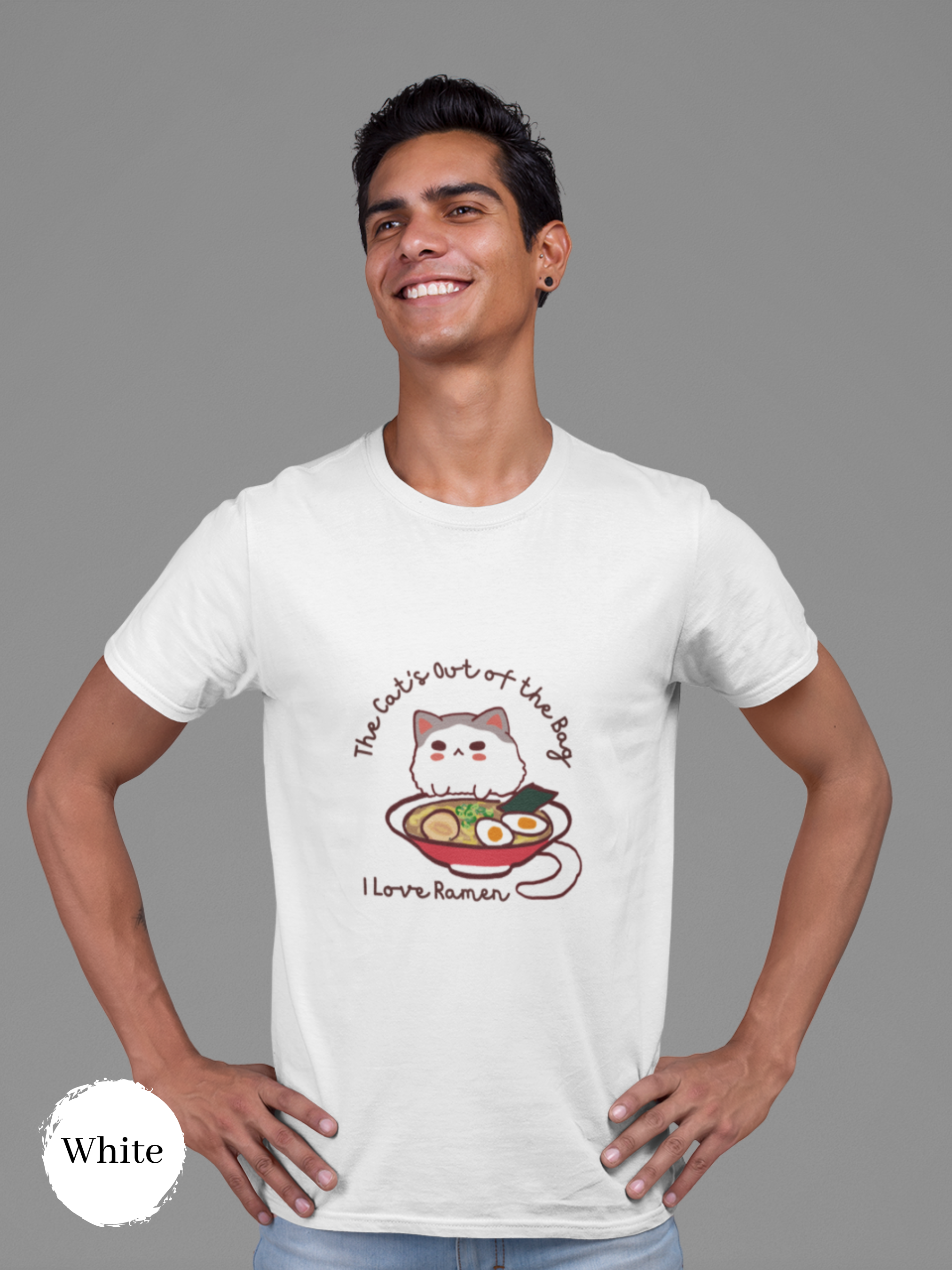 Ramen T-Shirt: The Cat's Out of the Bag, I Love Ramen - Japanese Foodie Shirt with Adorable Cat and Ramen Art