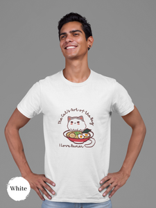 Ramen T-Shirt: The Cat's Out of the Bag, I Love Ramen - Japanese Foodie Shirt with Adorable Cat and Ramen Art